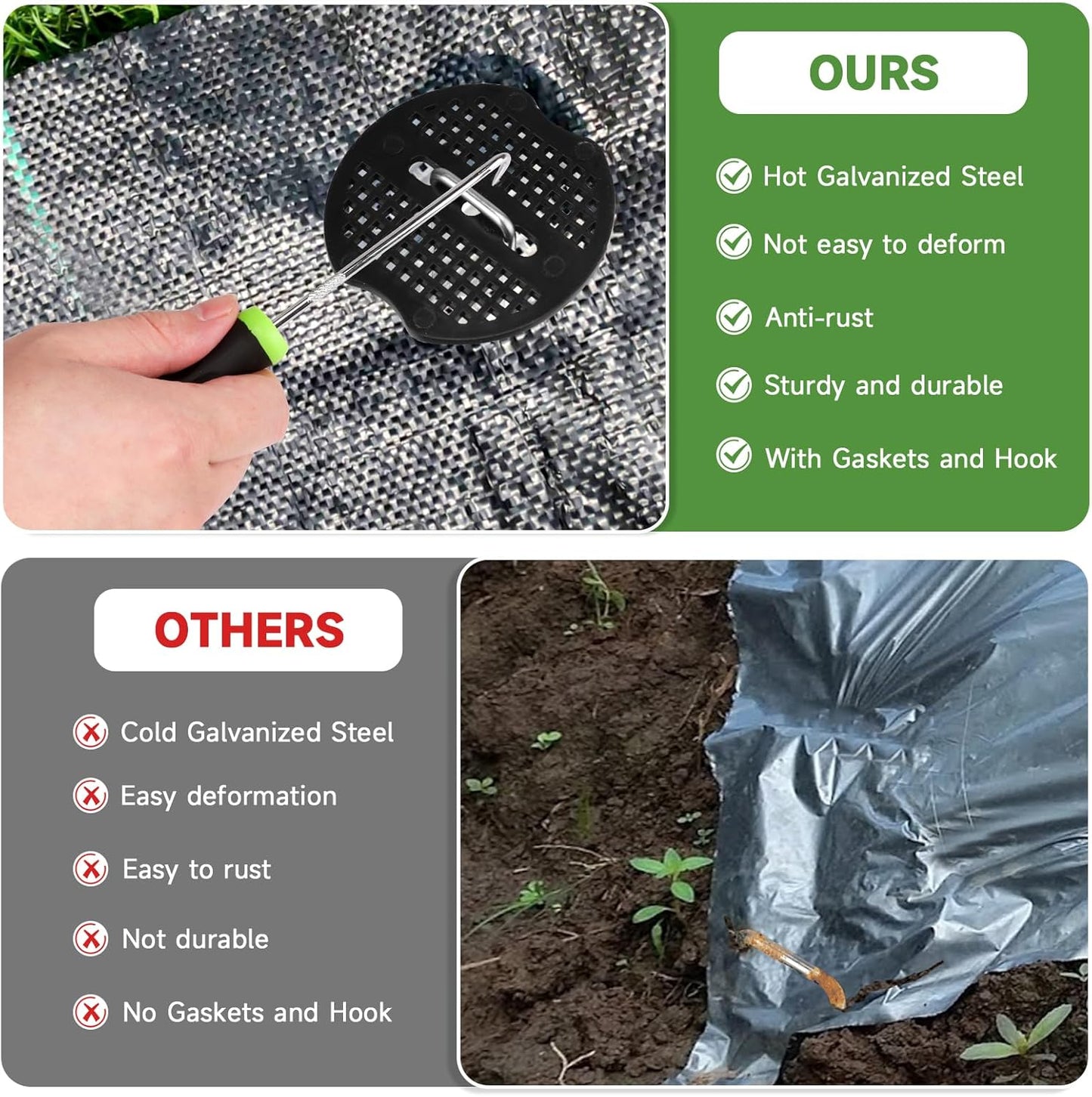 Garden Stakes,6 Inch 11 Gauge 50pcs Galvanized Landscape Staples + 50pcs Gaskets + 1Pick Hook,Tent Stakes Landscaping Fabric SOD Pins for Weed Fabric Barrier,Groud Cover,Fence