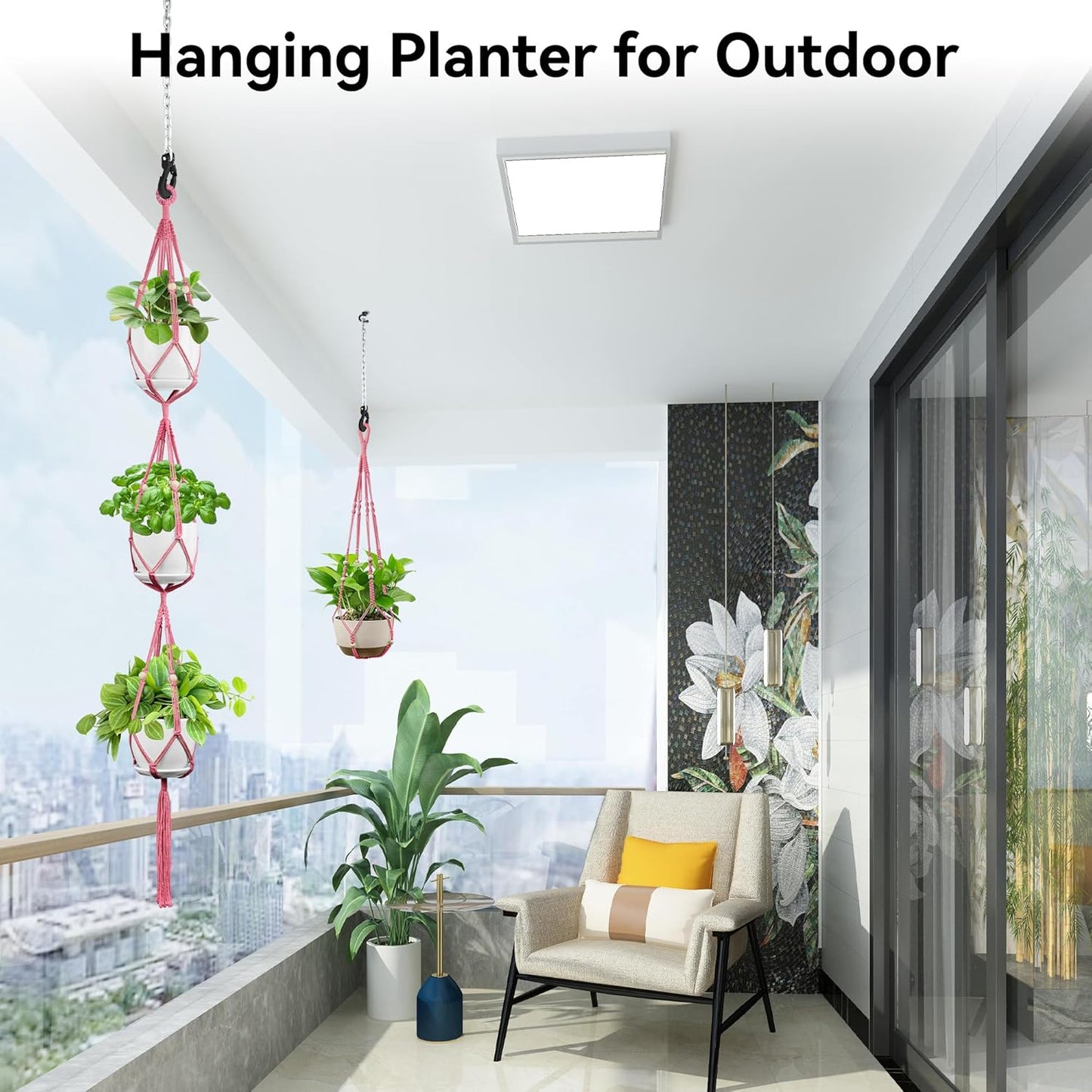 USLAI Macrame Plant Hanger Indoor Outdoor, Up to 4-15 inch Pot, Heavy 20lb Planters, Extra Long Strong Hanging Planter Basket Holder, Boho Home Decor, 35+72 Inch, Pink (POTS NOT Included)