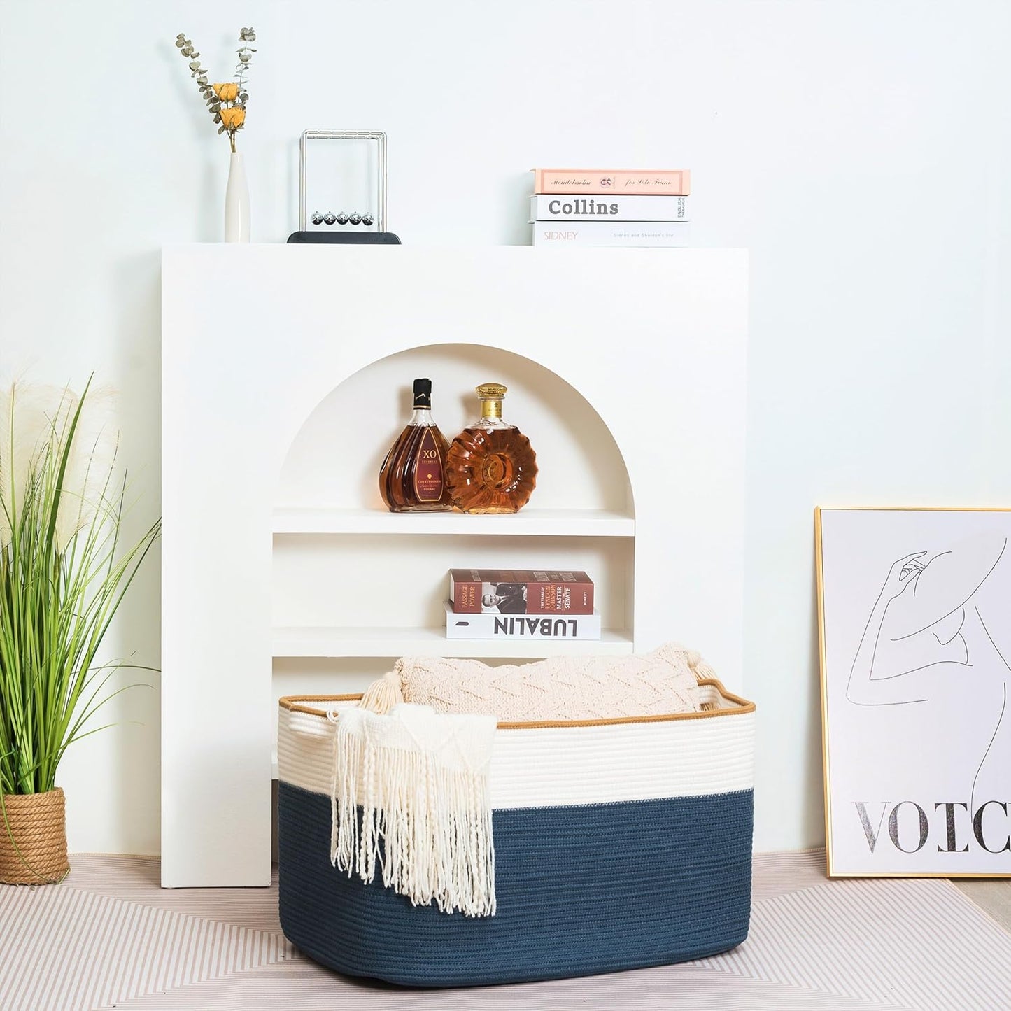 MINTWOOD Design 22in Extra Large Blanket Basket Holder Living Room, Rectangle Rope Woven Storage Basket with Handles for Laundry, Pool Towels, and Shoes, Dog Toy Organizer Bin Box, Prussian Blue