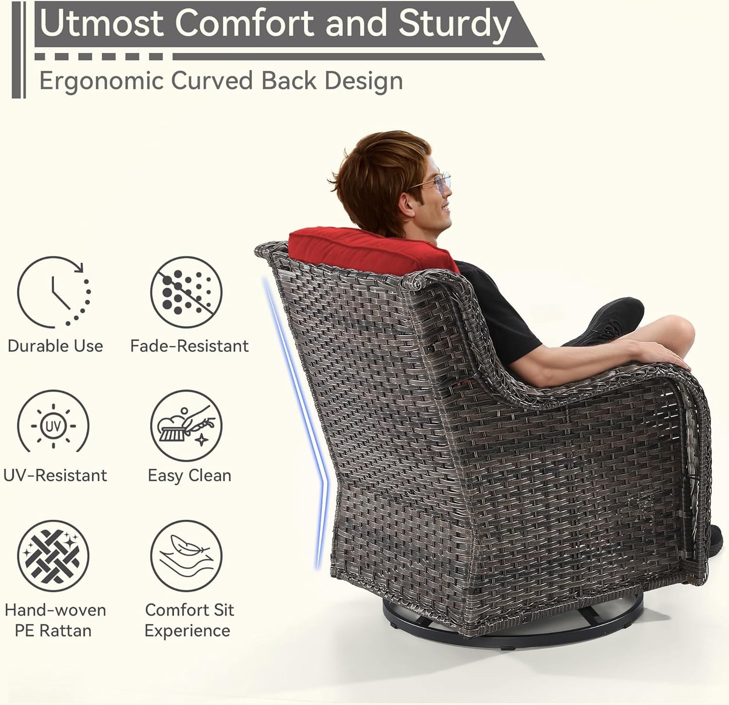 6 Pieces Outdoor Furniture Set - Patio Wicker Swivel Rocker Chair Set of 4 and 2 Side Table, Red, Mixed Brown Rattan, Suitable for Porch, Yard