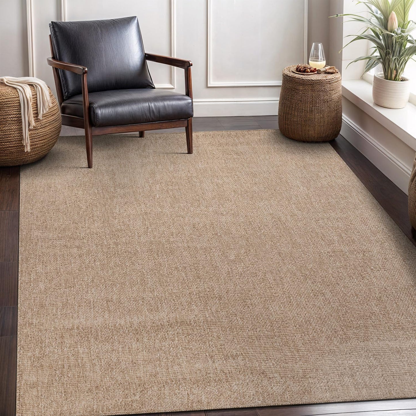 CAMILSON Easy Jute Rug 5x7, Indoor Outdoor Natural Color Fiber Area Rugs for Living Room Patio and Kitchen Rug, Solid Boho Woven Design, Easy-Cleaning, Washable Outside Carpet Alfombras (5 x 7)