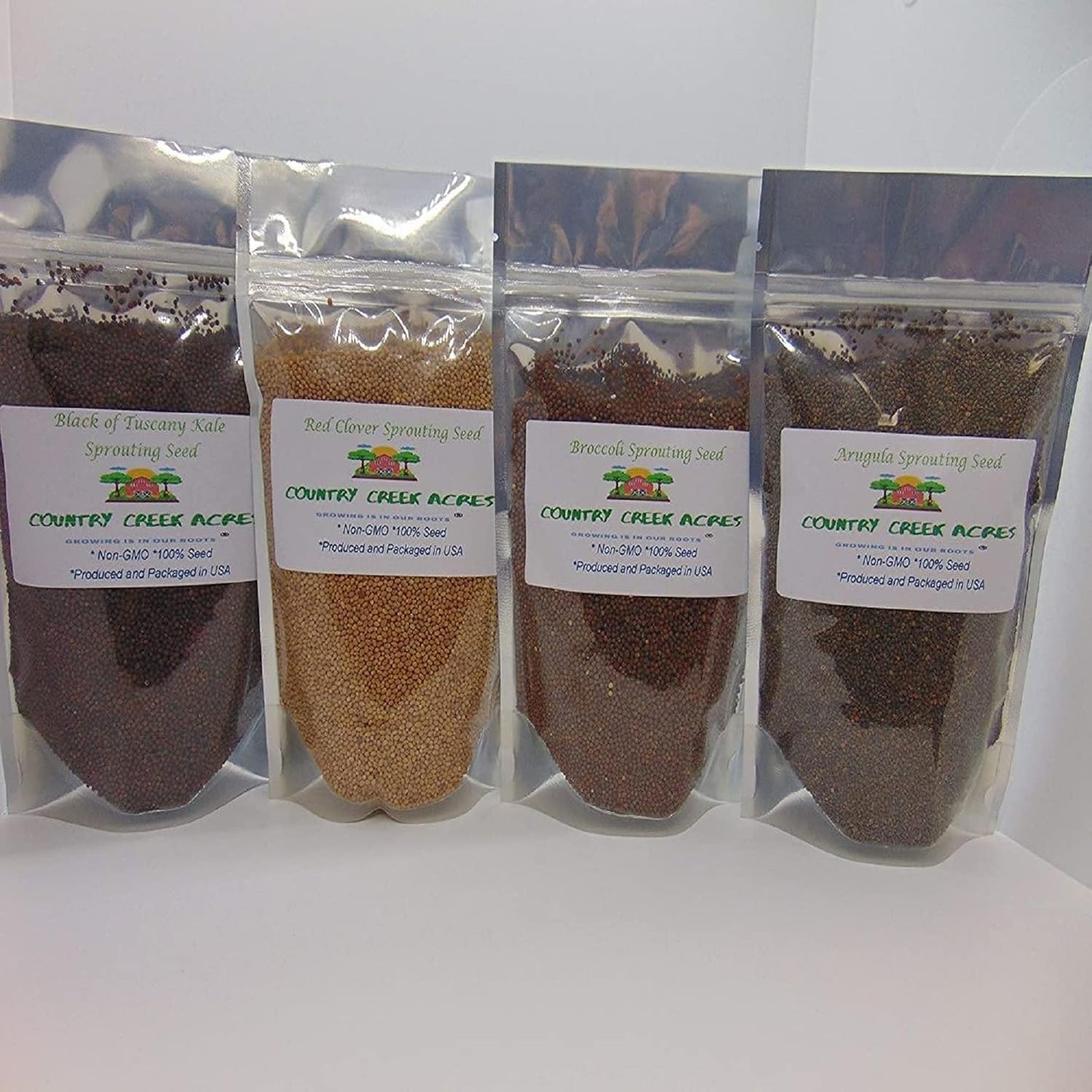 4 Pack Leafy Green Seed Assortment- (2 oz Black of Tuscany Kale, 2 oz Broccoli, 2 oz Red Clover, 2 oz Arugula) Country Creek Brand. Seeds for Microgreens