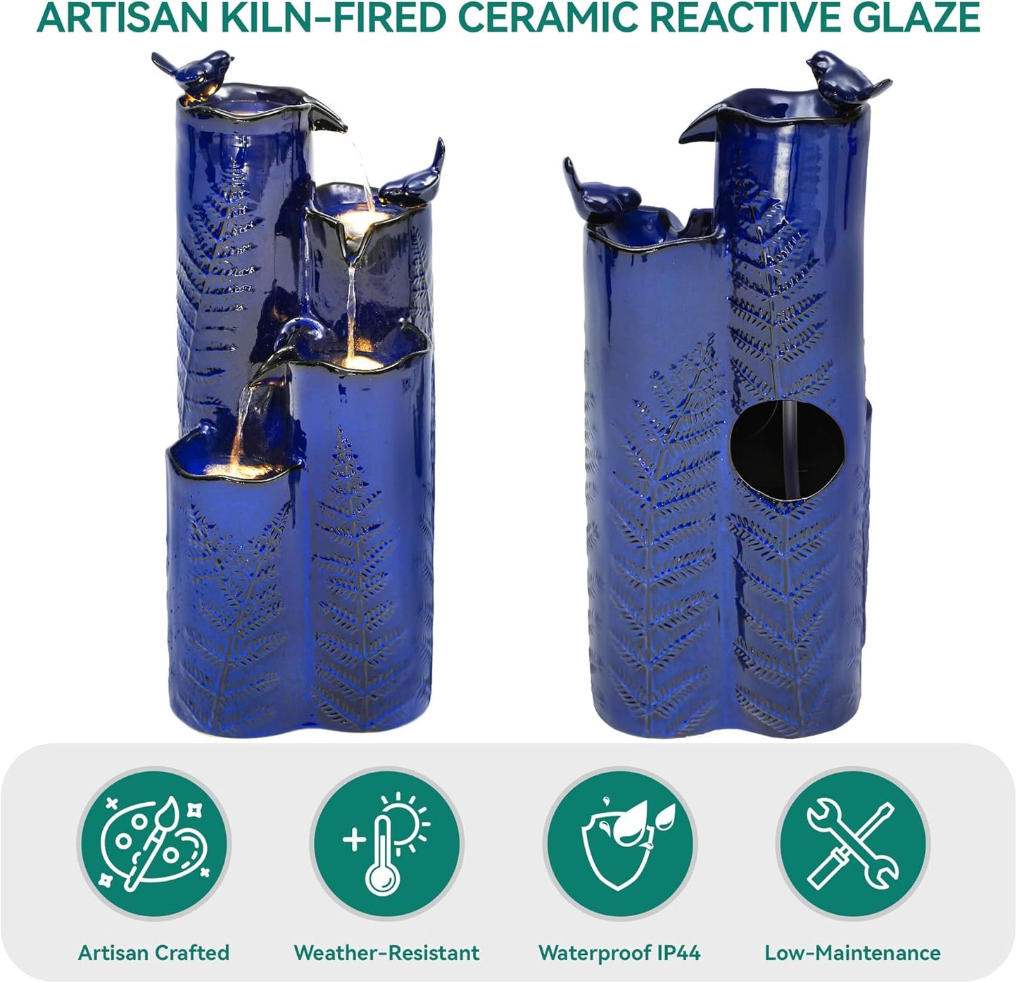 32" H Ceramic Outdoor Water Fountain with LED Lights, 4-Tier Vase Outdoor Fountain, Cobalt Blue Glaze, Embossed Fern Pattern, Cascading Waterfall for Tranquil Garden, Patio, or Porch