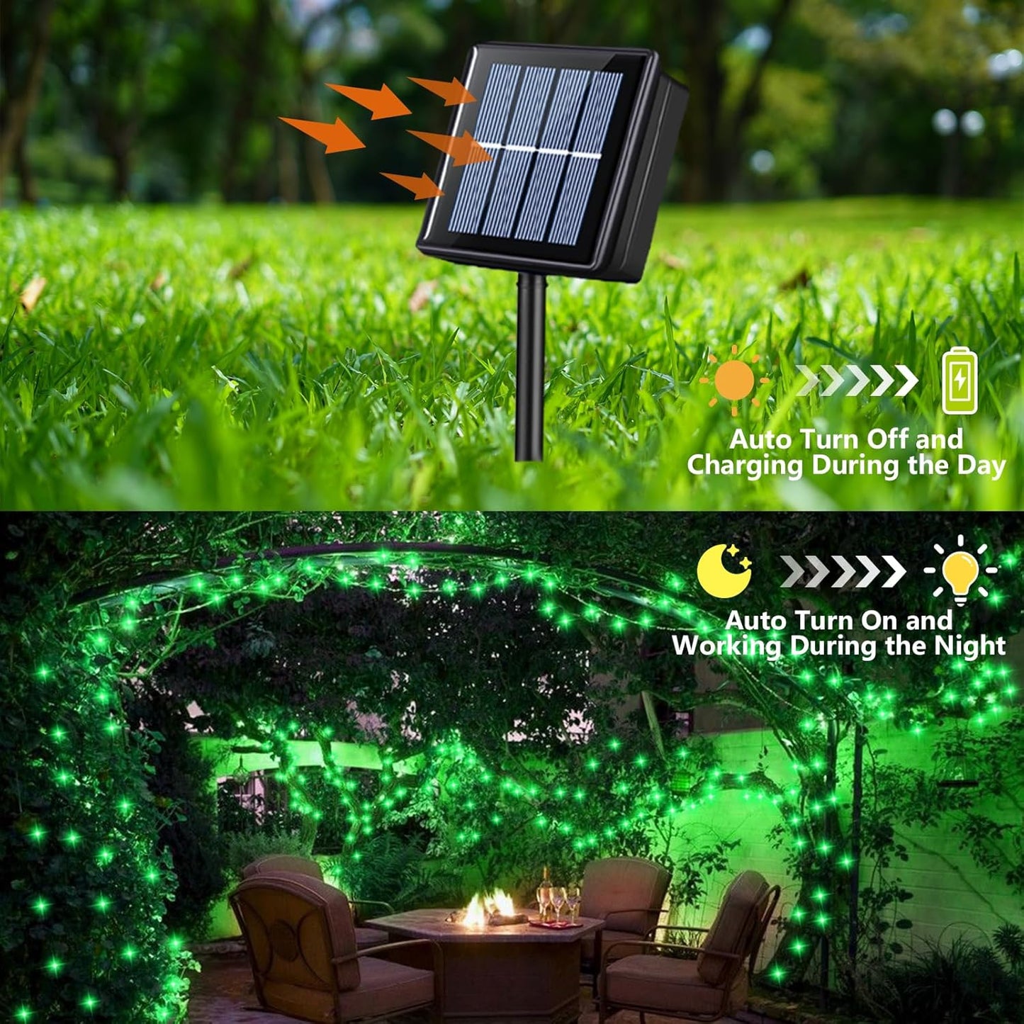YEGUO Green Halloween Lights Outdoor Waterproof,4 Pack Each 33ft 100 LED Solar Fairy Lights, 8 Modes String Light for Outside