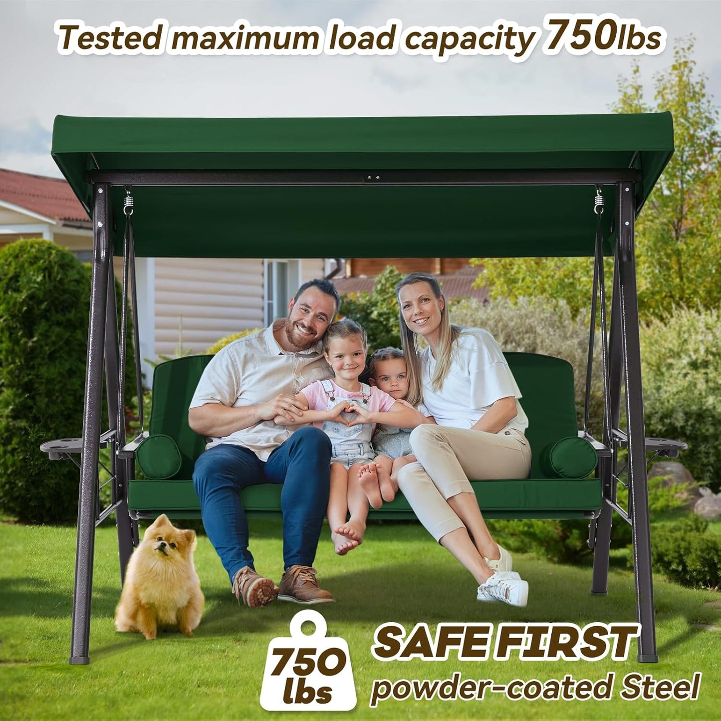 3 in 1 Outdoor Porch Swing with Canopy, 3 Seat Outdoor Swing for Adults, Patio Swing Chair with Thickened Cushions,Pillows & Cup Holders for Backyard, Porch, Garden (Green)