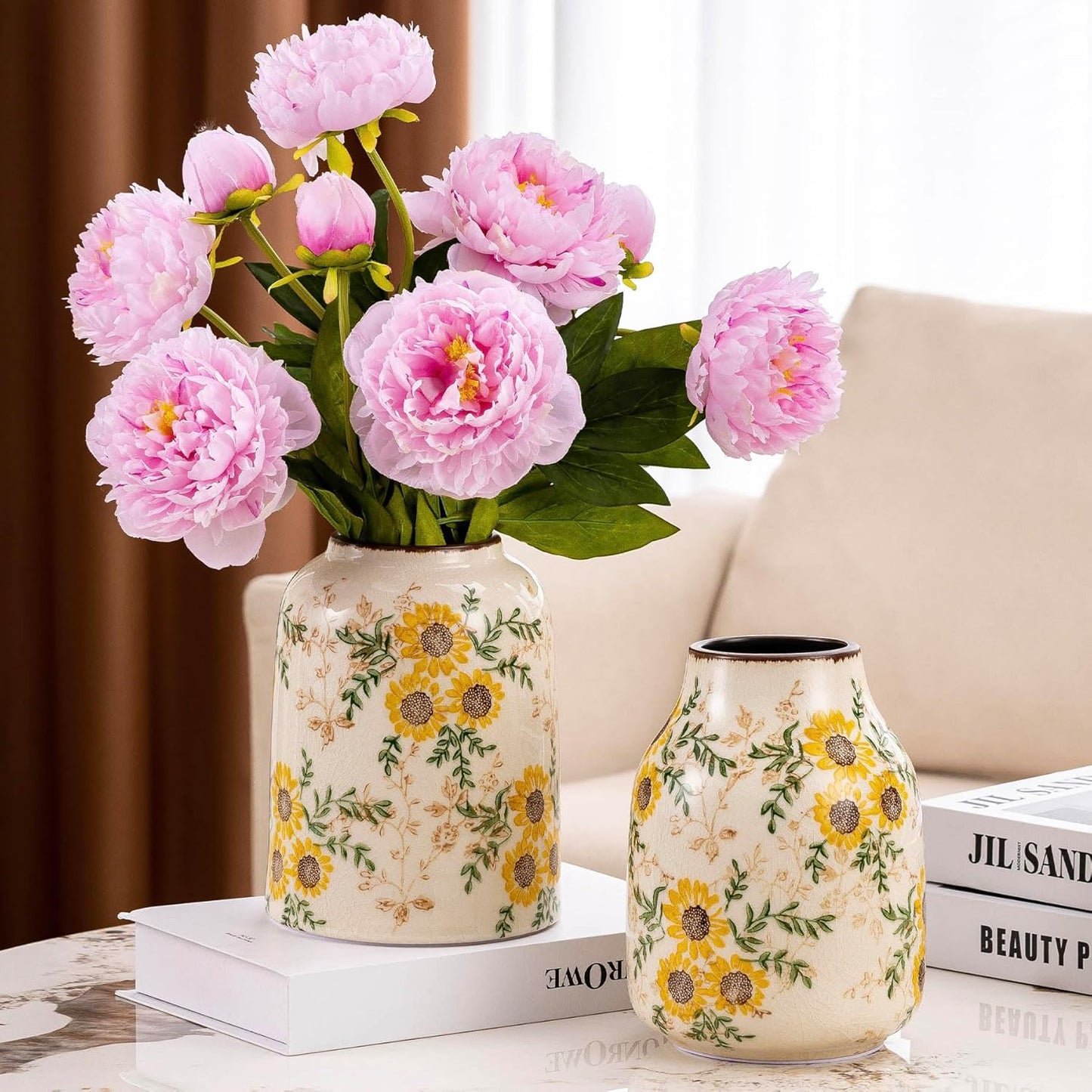 Sunflower Green and Beige Vase, Yellow Ceramic Vintage Vase Cottage Core Home Decor, Cute Floral Centerpiece Vases for Living Room, Bedroom, Kitchen, Table Grand Millennial Decors, Tuscan Decor 7.8In