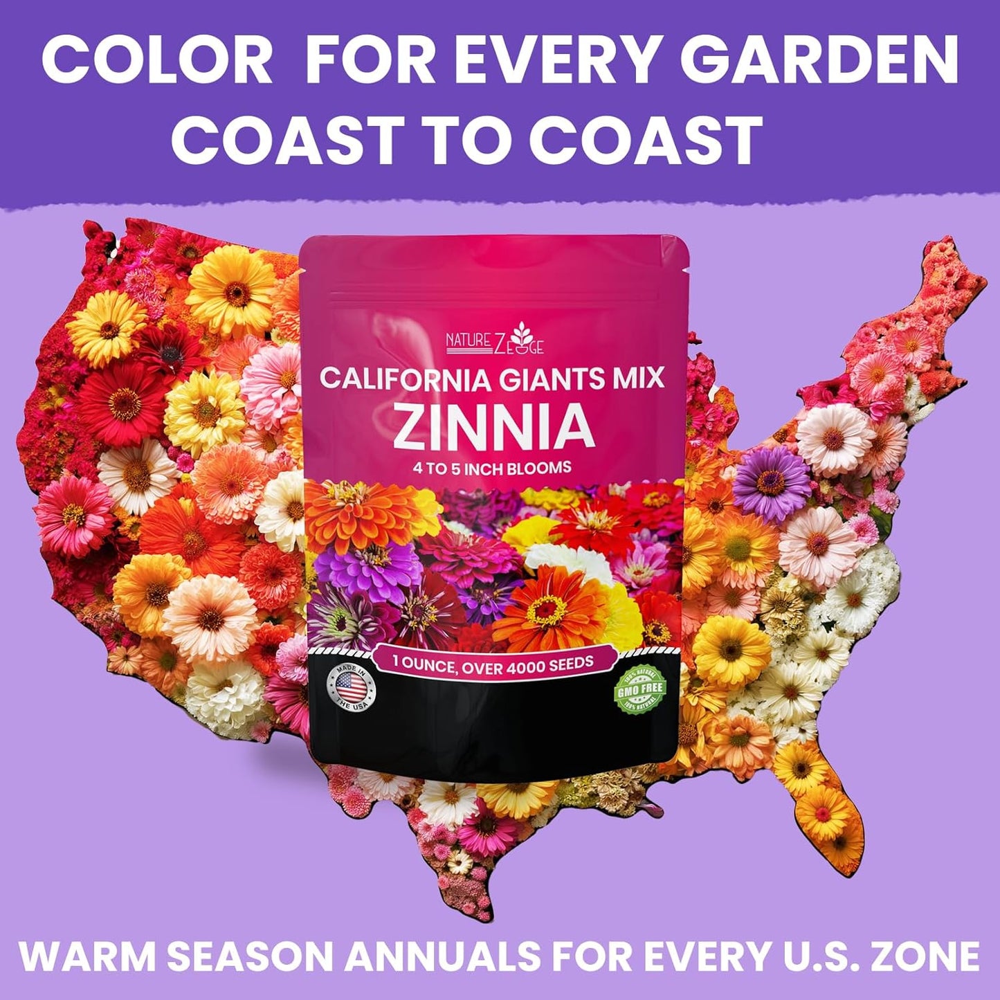 NatureZ Edge Zinnia Seeds for Planting Outdoors – California Giants Flower Seeds, Bulk Semillas de Flores para Sembrar, 1 Oz