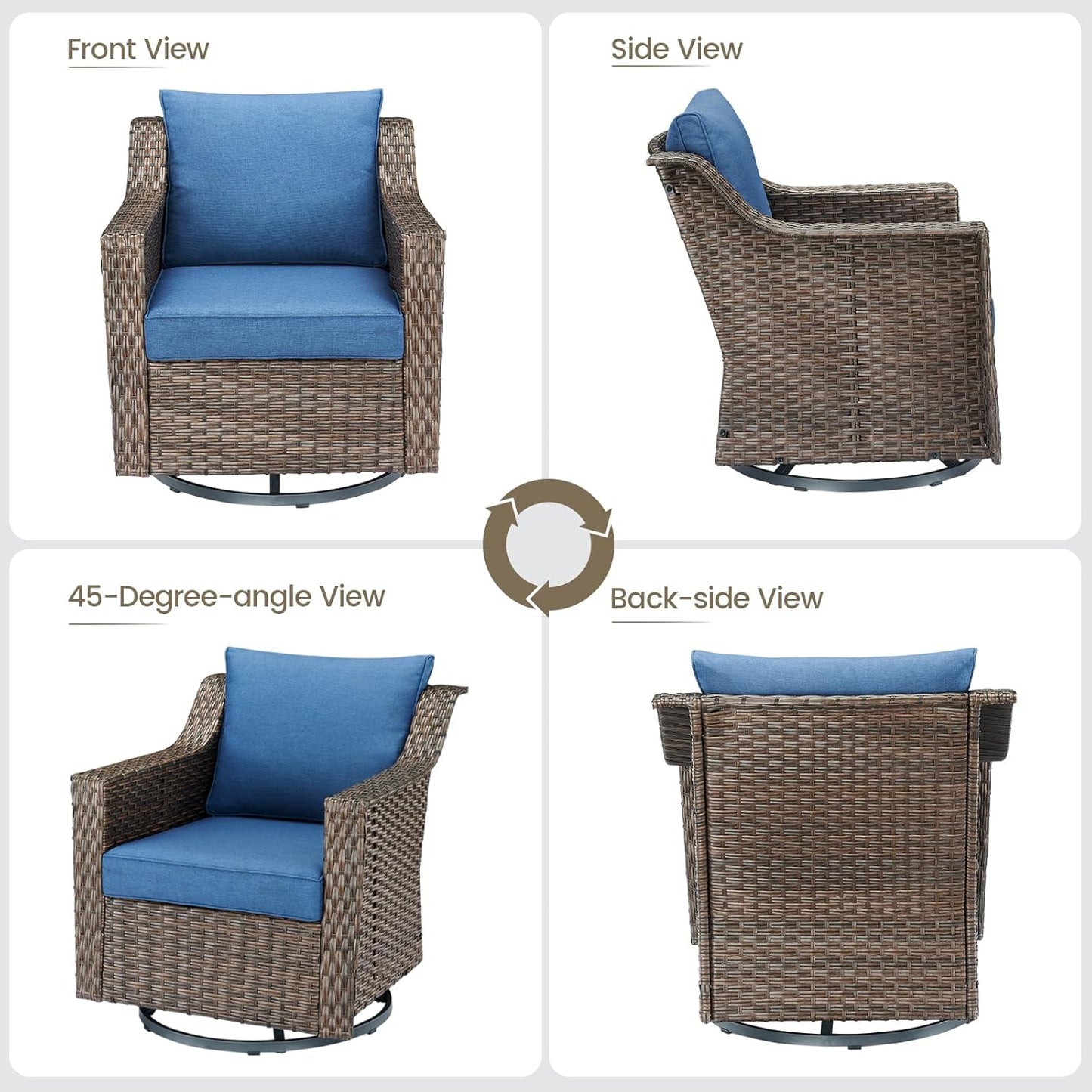 Outdoor Patio Wicker Swivel Chairs - Set of 4 Outside Rattan Rocker Glider Chair Rocking Armchairs for Front Porch Balcony Backyard Yard Deck Poolside Apartment – Brown/Blue