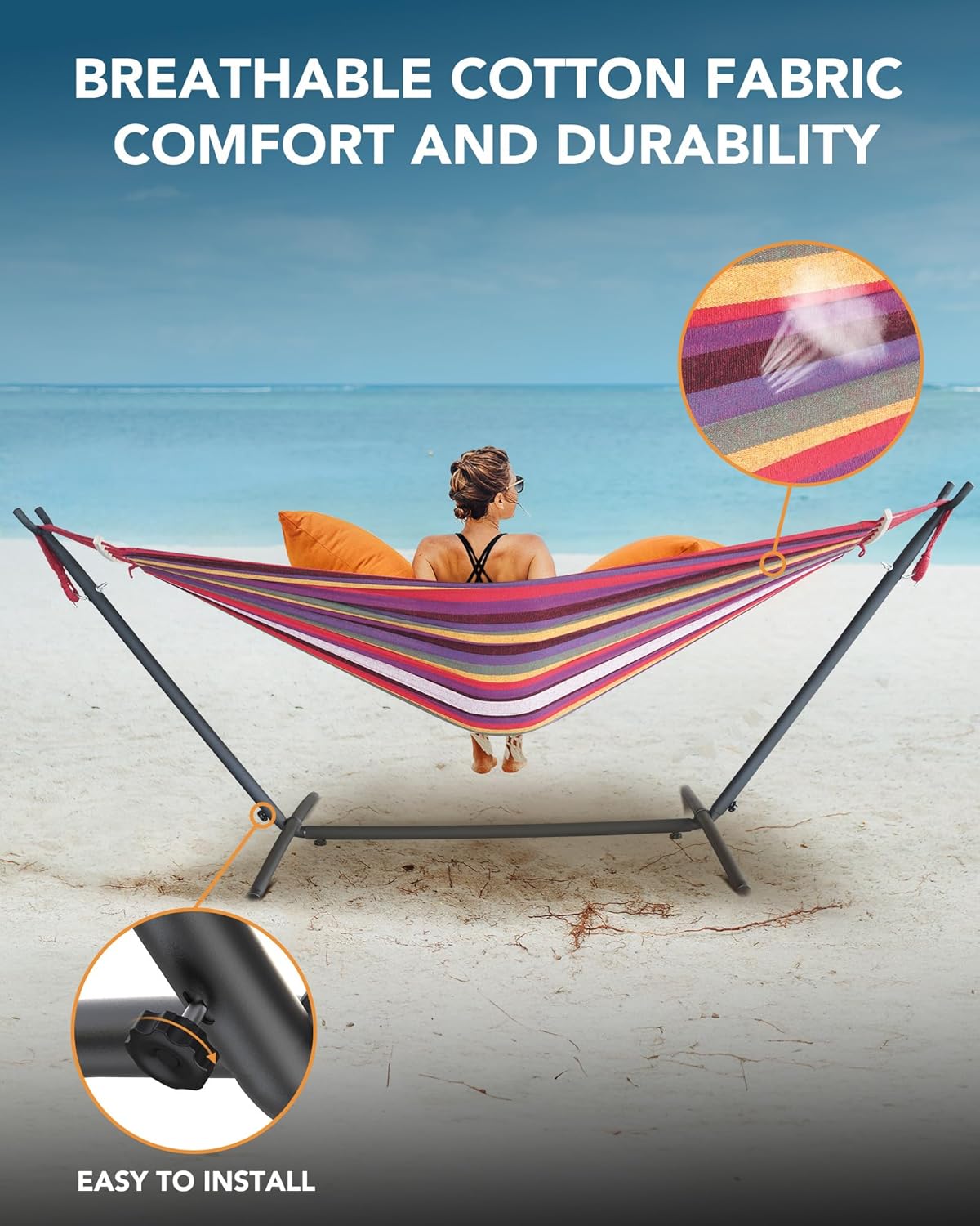 Double Hammock with Heavy-Duty Steel Stand,Portable,Easy Assembly,600lbs Weight Capacity,Perfect for Indoor,Yard,Camping,or Outdoor-Rainbow