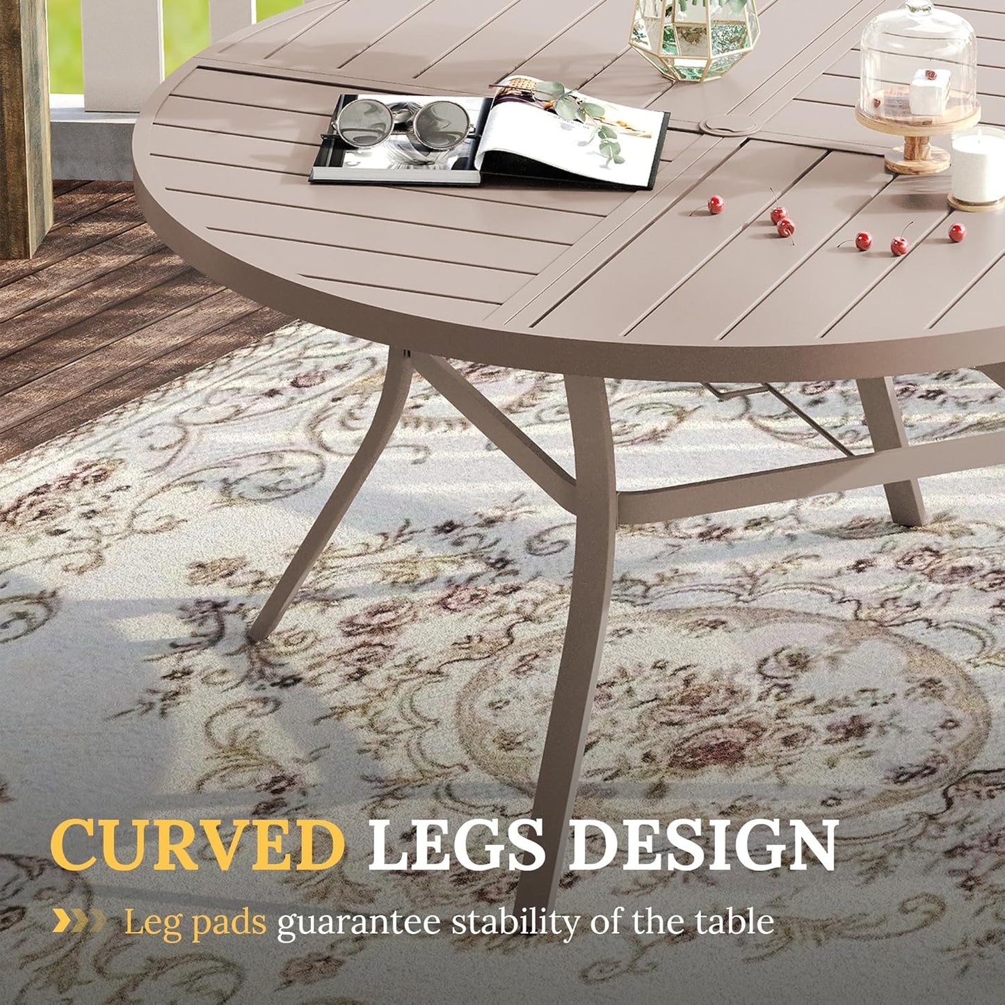 VICLLAX Round Patio Table with Adjustable Umbrella Hole for 8, All Weather Metal Outdoor Dining Table for Lawn Garden, 53.1" Outdoor Coffee Table, Cream Color Frame