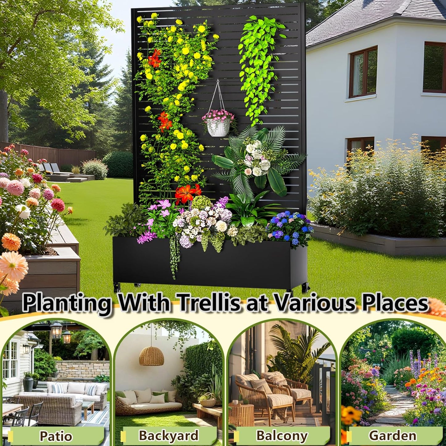 Metal Planter Box with Trellis Outdoor, 72.1"x47.2"x16" Galvanized Raised Garden Bed with Privacy Screen & Drainage Holes & Lockable Casters for Climbing Plants, Vegetable (Louvered-Black)