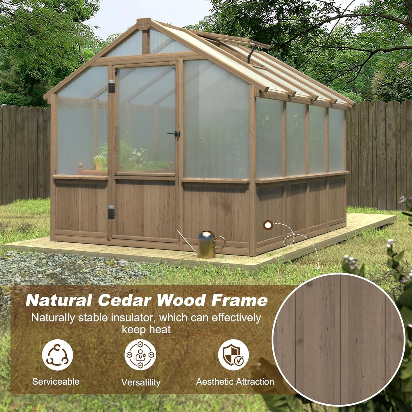 8x8 FT Greenhouse Kit for Outdoor, 6MM Thick Polycarbonate Panel Wooden Walk-in Green House with Lockable Door and Adjustable Roof Vent, Backyard Garden, Light Mocha Brown
