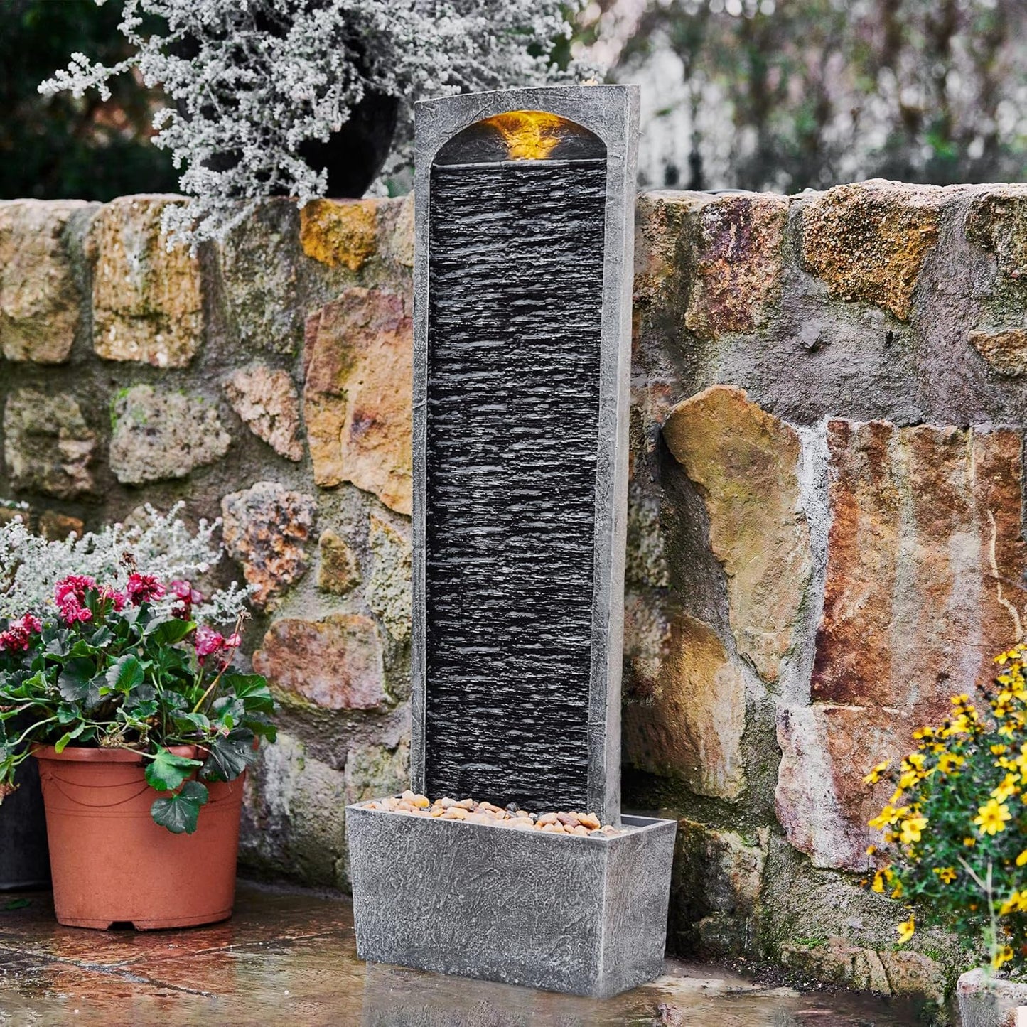 Teamson Home 38.5" Faux Slate Contemporary Outdoor LED Waterfall Fountain with Pebble Base, Gray/Black