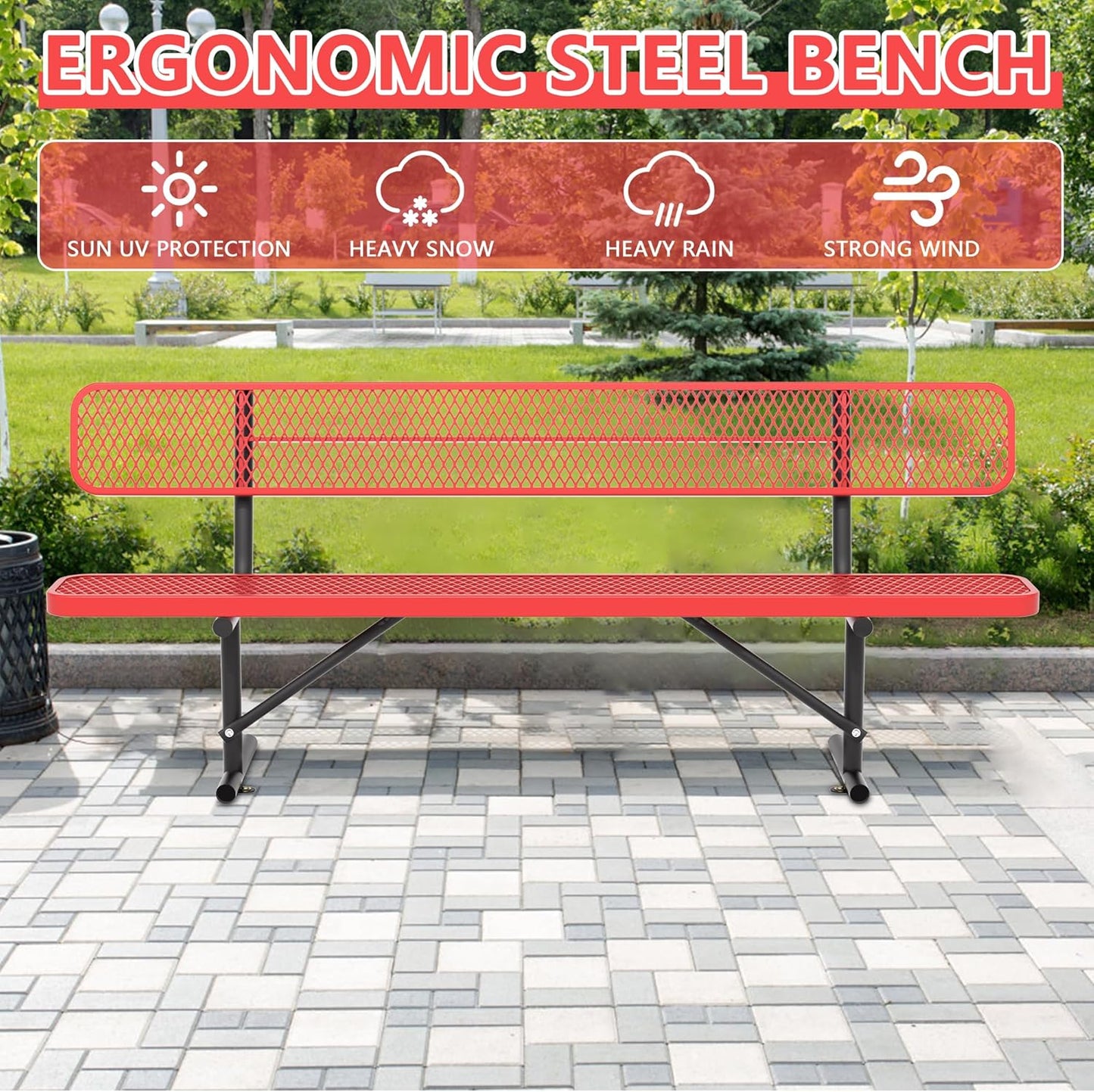 Heavy Duty Park Bench with Back Portable Frame, Outdoor Steel Bench with Backrest, Outdoor Park Bench Expanded Metal Mesh Bench for Lawn, Park, Deck, Garden, Patio, Porch, Black (Red, 8FT)