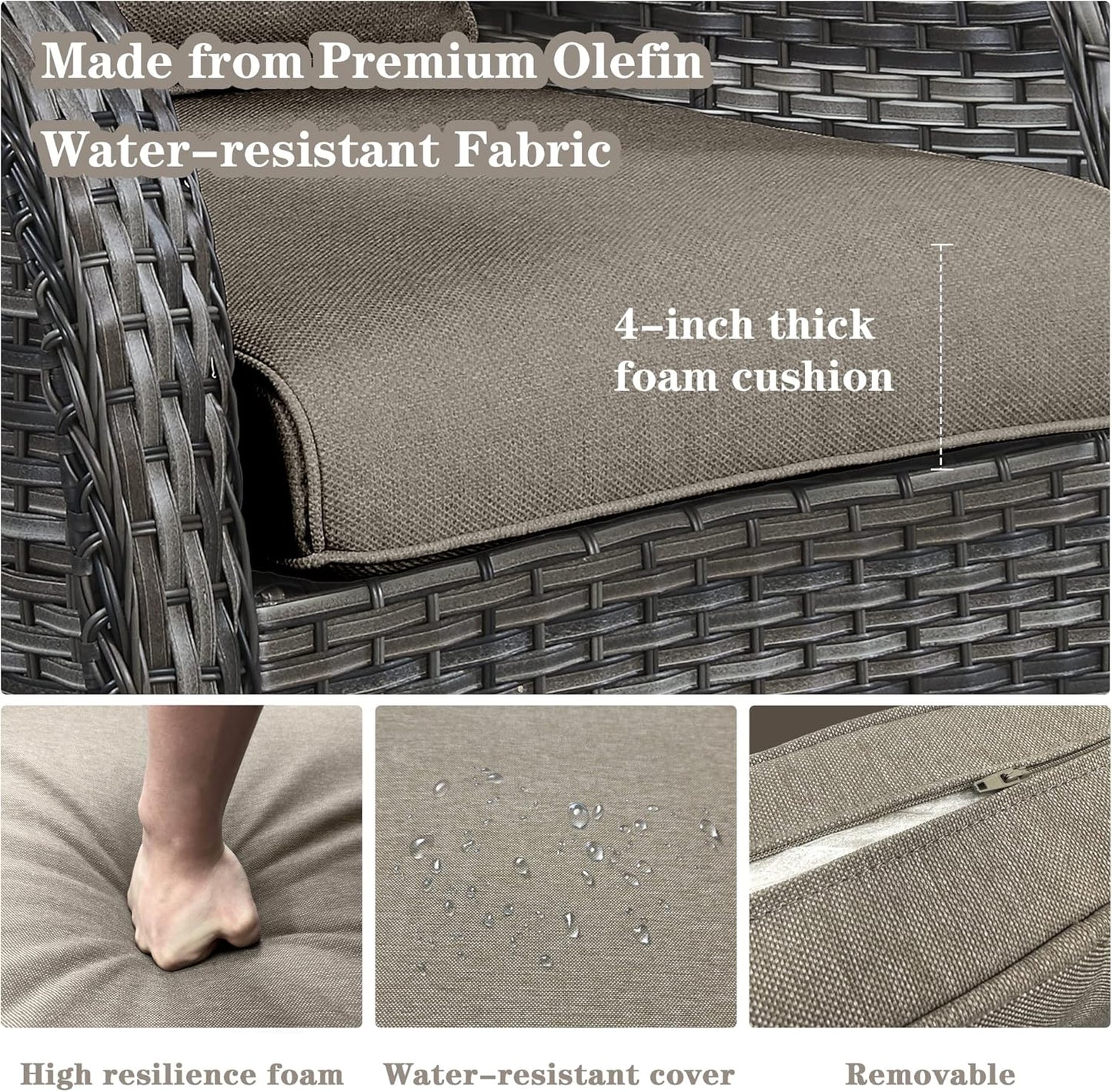 5 Pieces Patio Wicker Furniture Set - 4 Outdoor Swivel Rocker Glider Chairs with 50000BTU Propane Fire Pit Table, Patio Conversation Set Blue Cushion Perfect for Casual Gathering