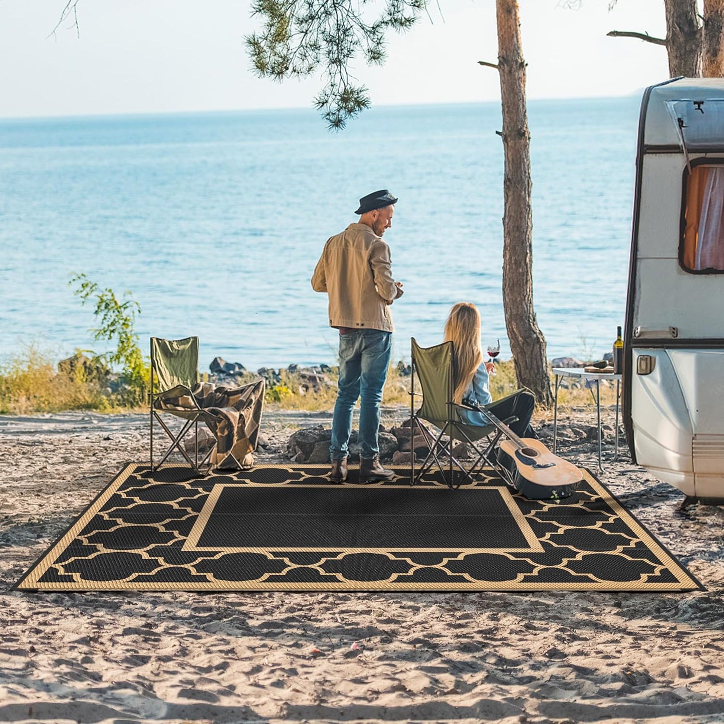 GENIMO 5' x 8' Outdoor Rug Waterproof for Patio Decor, Foldable Reversible Plastic Straw Area Rugs Mat for Camper, Outside Carpet for Rv, Deck, Porch, Picnic, Beach, Balcony, Black & Brown