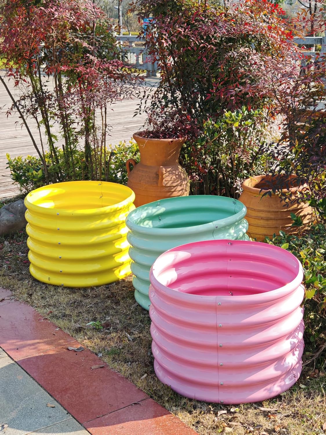 A ANLEOLIFE Kids Raised Garden Beds Outdoor (4-Pack)-24x24x18in Round Galvanized Metal Planter Box for Planting Vegetables, Flowers, Fruits, Eco-Safe & Easy Setup, Blush Pink