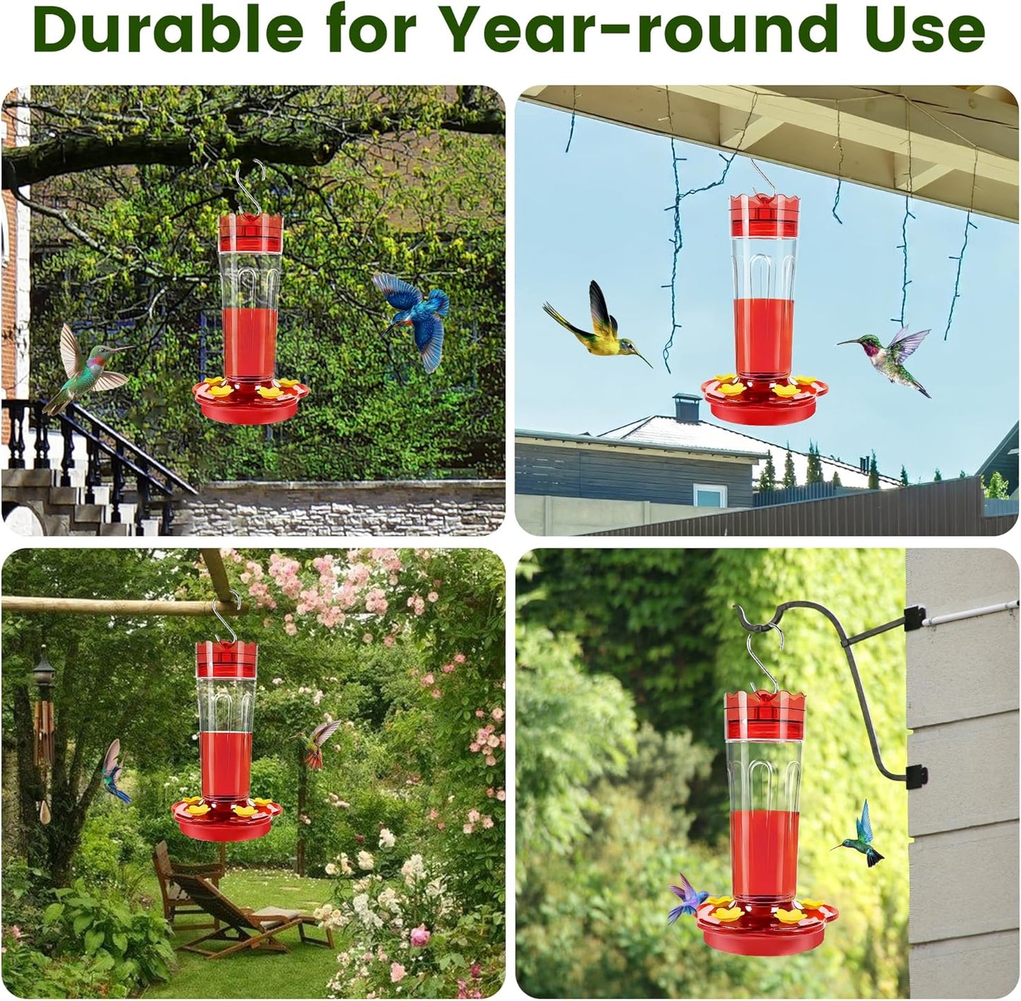 Glass Hummingbird Feeders for Outdoors Hanging Ant and Bee Proof, 2 Pack 15 Ounces Red Hummingbird Feeder with 5 Feeding Ports and Perches, Built-in Ant Moat, Outside Garden Décor (Glass, 2)