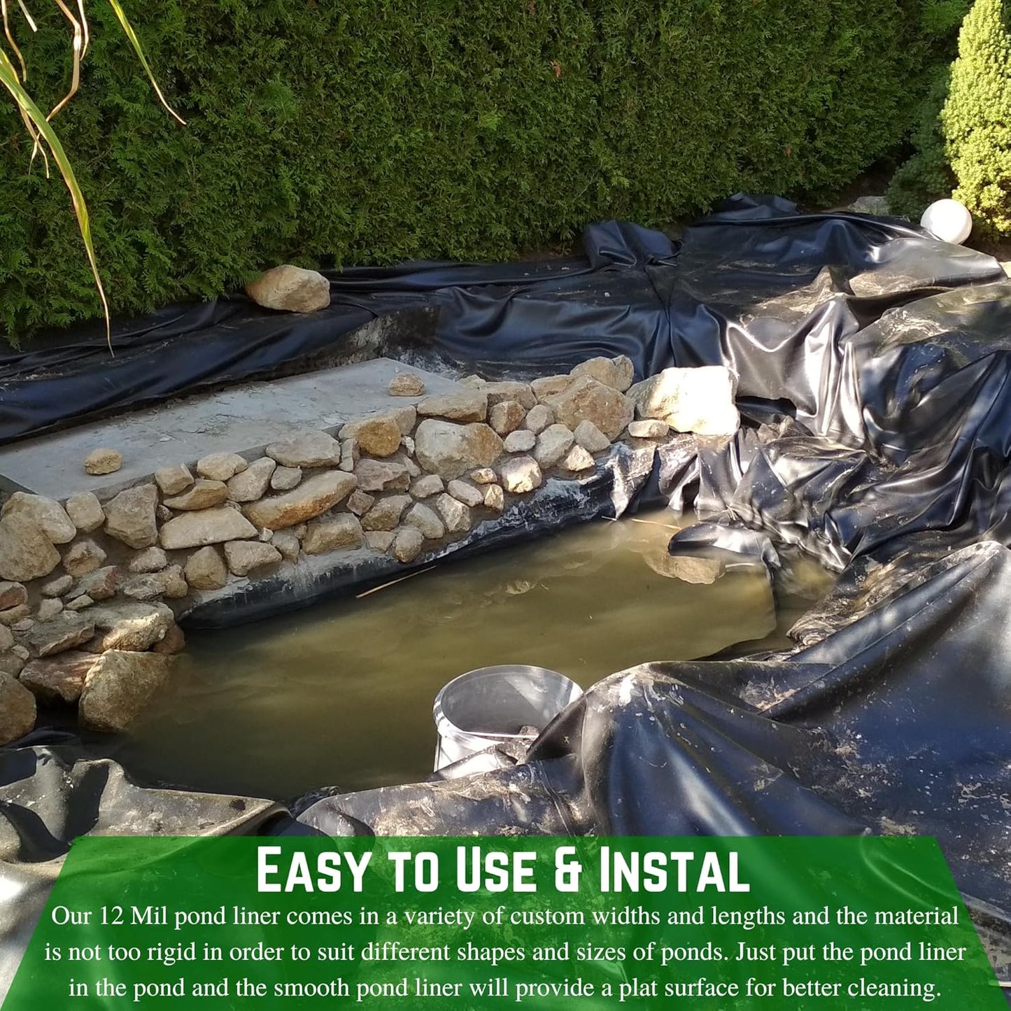 Farm Plastic Supply - 12 Mil String Reinforced Black/White Pond Liner - 12 Mil Fish Pond HDPE Liner, Pond Liners for Outdoor Ponds, Koi Ponds, Garden Fountain, Containment Liner (12' x 100')