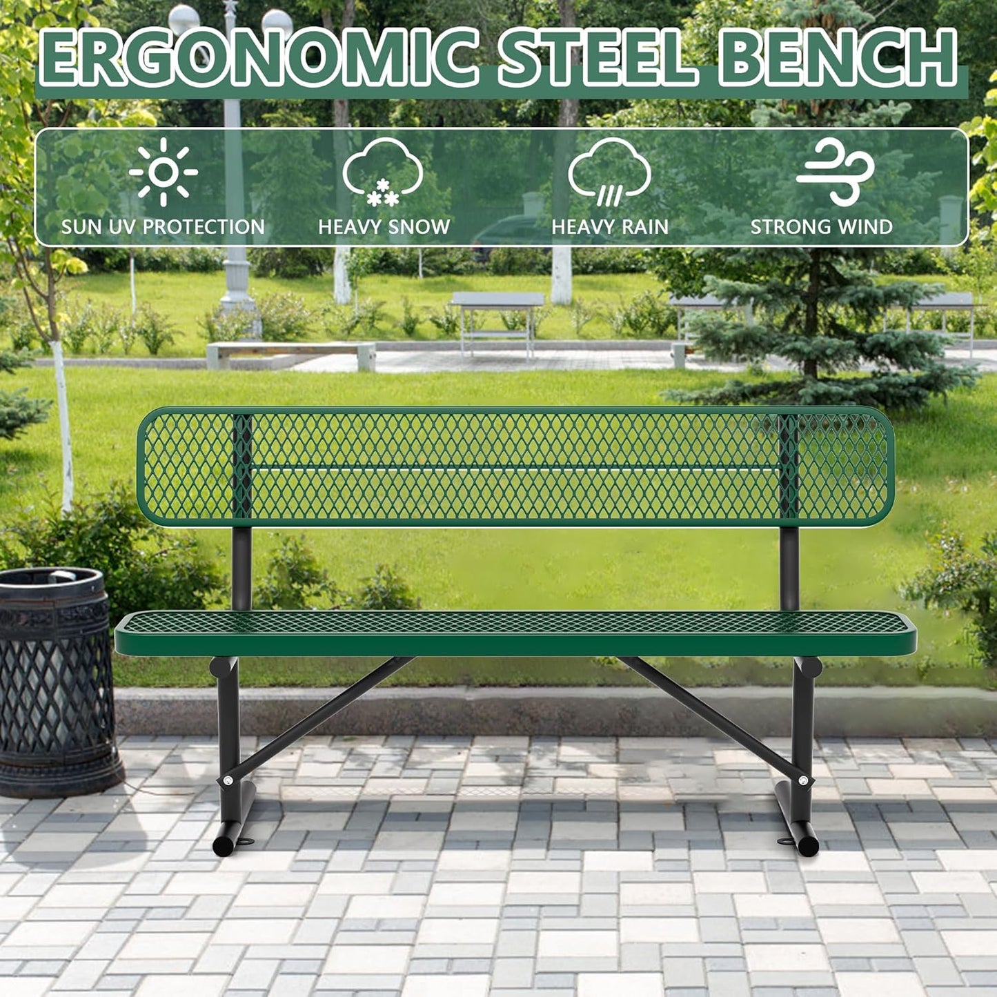 6FT Benches for Outside, Heavy-Duty Green Outdoor Garden Bench with Back, Metal Park Bench, Commercial-Grade Seating,Industrial Bench Patio Bench Furniture for Beach Yard School Shopping Centers
