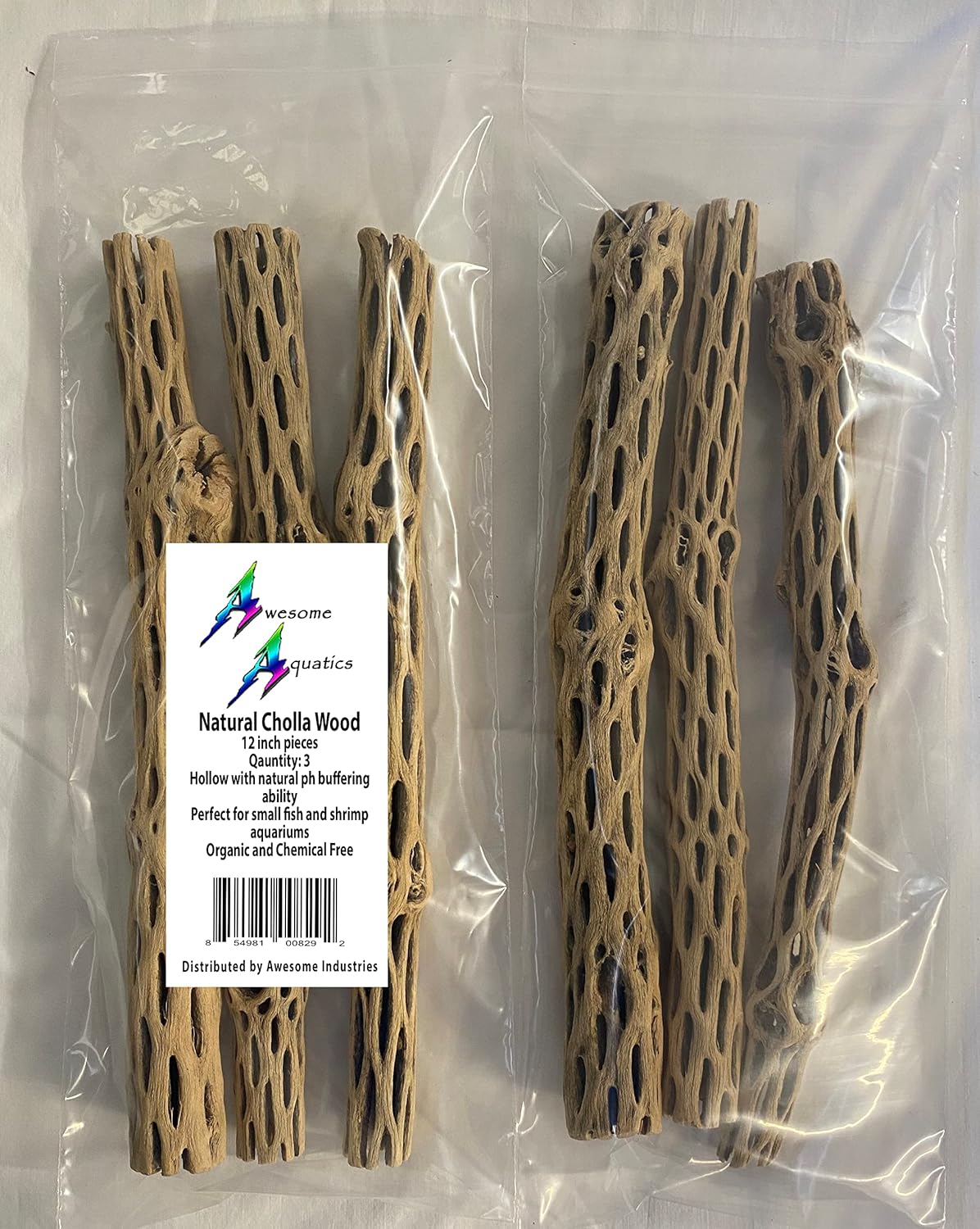 Awesome Aquatic Natural Cholla/Choya Wood 3 Pieces 12” for Shrimp Habitat and Food Treat Hermit Crabs Plecos Aquarium Decoration Lowers pH Hideouts and Chew Toys Reptiles Thorn Free Dried Organic