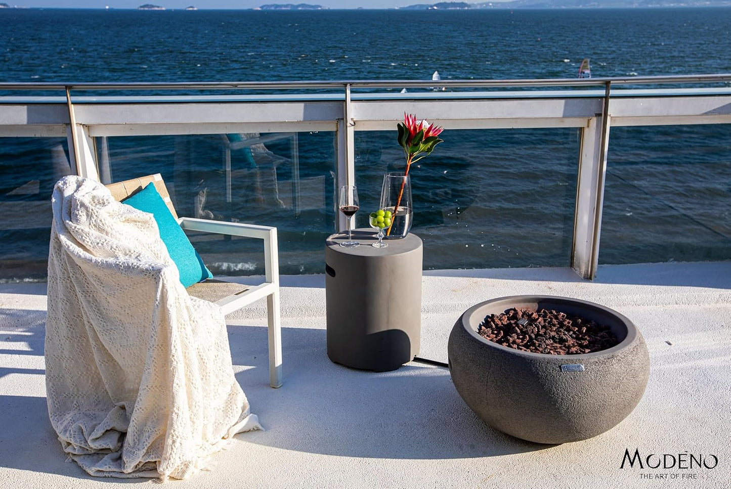 AMS Fireplace | Modeno Newbridge Package | Light Gray Liquid Propane Gas Fire Pit Table for Outside Patio Bundle with Tank Cover, & SS Burner Lid | Free Ice Bucket & Rubber Mat