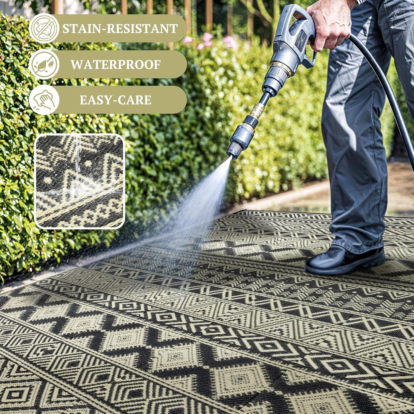 8'x10' Plastic Outdoor Rug - Plastic Straw Rug-Heavy-Duty Waterproof Mat, UV & Fade Resistant for Patio, Camping, RV, Deck, Balcony(8x10,Black&Beige)