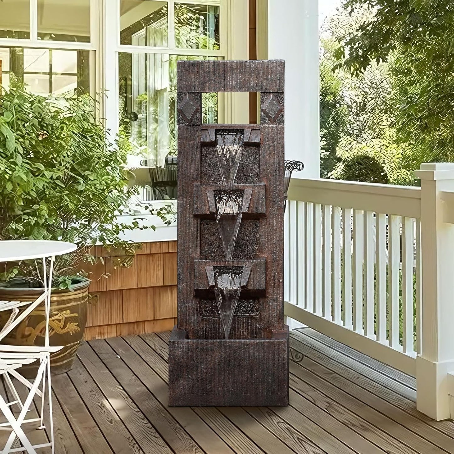 40.9" H 4-Tier Indoor/Outdoor Modern Water Fountain with Led Lights and Pump, Outdoor Freestanding Cascading Waterfall - Suitable for Garden, Patio, Porch, Yard and Outdoor Decor (Brown)