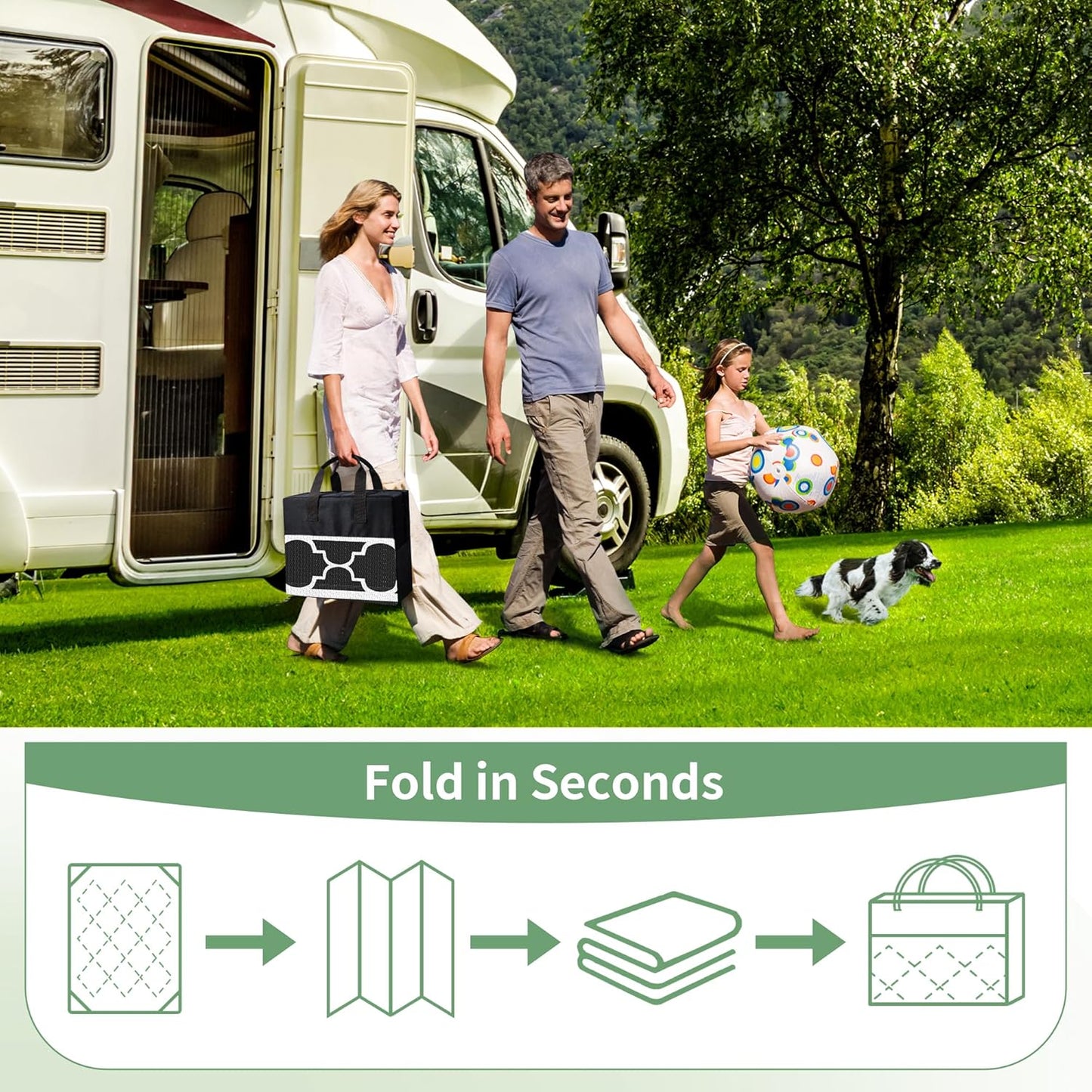 GENIMO 6' x 9' Outdoor Rug Waterproof for Patio Decor, Foldable Reversible Plastic Straw Area Rugs Mat for Camper, Morden Carpet for Outside, Rv, Deck, Porch, Picnic, Beach, Balcony, Black & White
