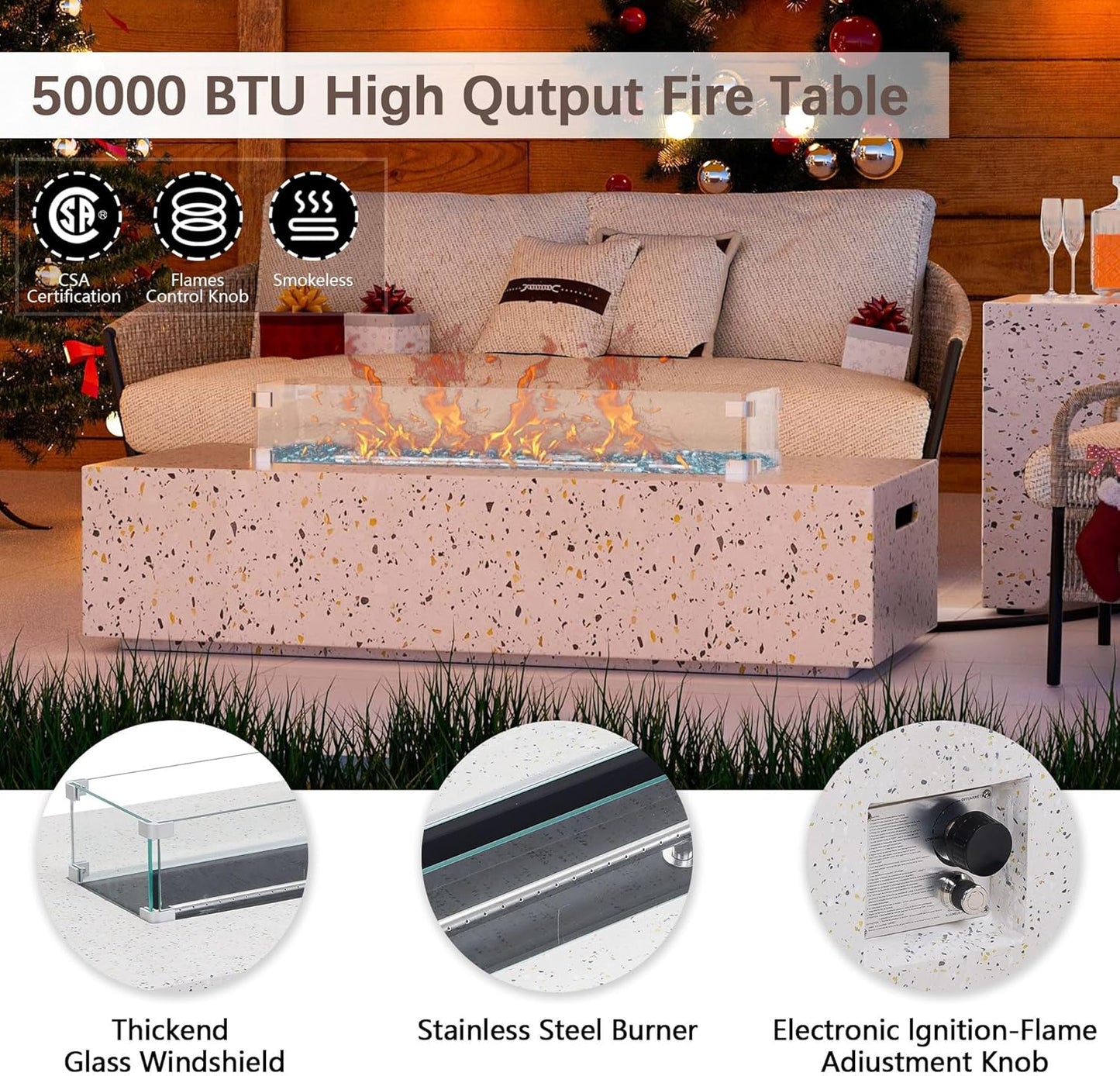 8 Piece Patio Furniture Set - Outdoor Conversation Sets with 56" Fire Table and Coffee Table, Rattan Modular Sofa Set for Garden/Poolside, Blue/Black