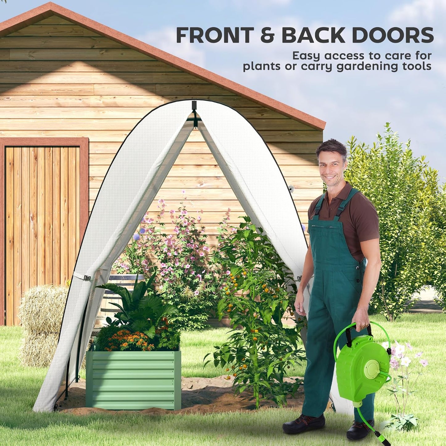 Outsunny 6' x 6' x 6.6' Hoop House Greenhouse with Sandbags and Hemmed PE Cover, Walk-in Tunnel Green House with 2 Doors and Screen Windows, Portable Greenhouse Gardening Plant Hot House, White