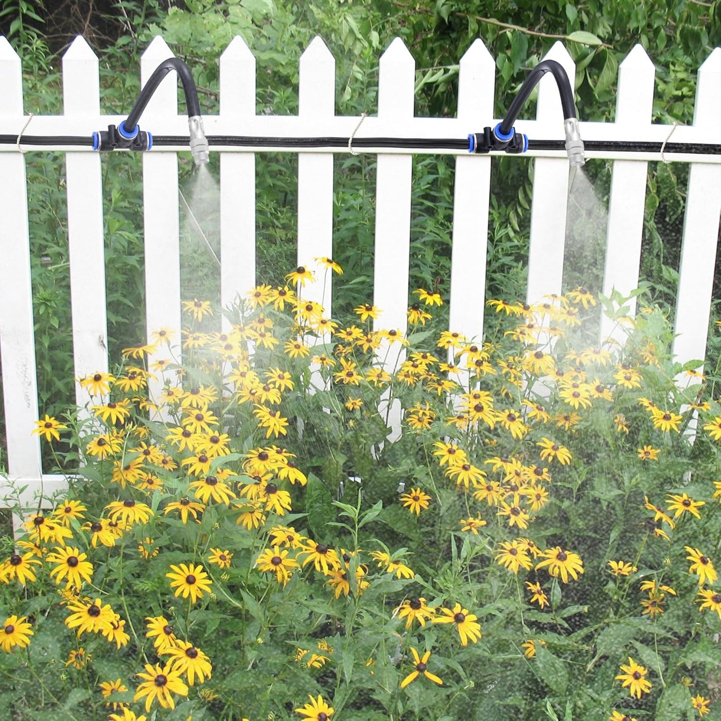 Mornajina 5Packs Brass Misting Nozzles Tee with 12inch Built in Hose for Outdoor Cooling System, Adjustable 360° Rotation, Water Mister Nozzles Thread Sprayer 0.043" (1.1 mm)