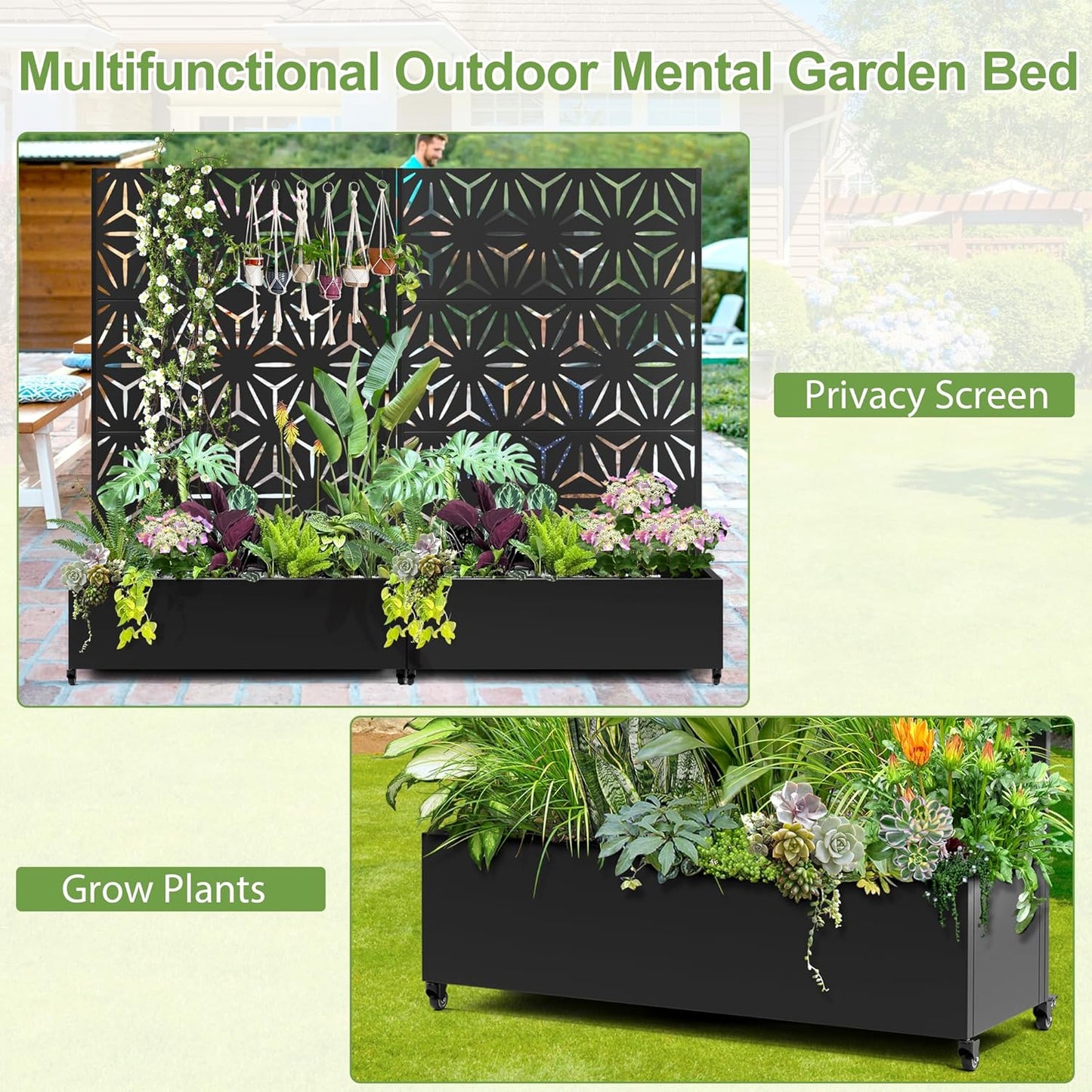 Raised Garden Bed with Trellis and Wheels,73"x47"x16" Metal Raised Garden Bed,Black Star Metal Planter with Climbing Trellis for Vines & Vegetables