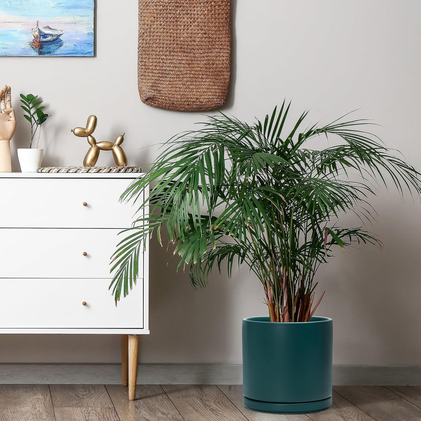 D'vine Dev 8 Inch & 10 Inch Ceramic Planter Pot for Plants with Drainage Hole and Saucer, Large Plant Pots Set, Teal, 94-G-L-9