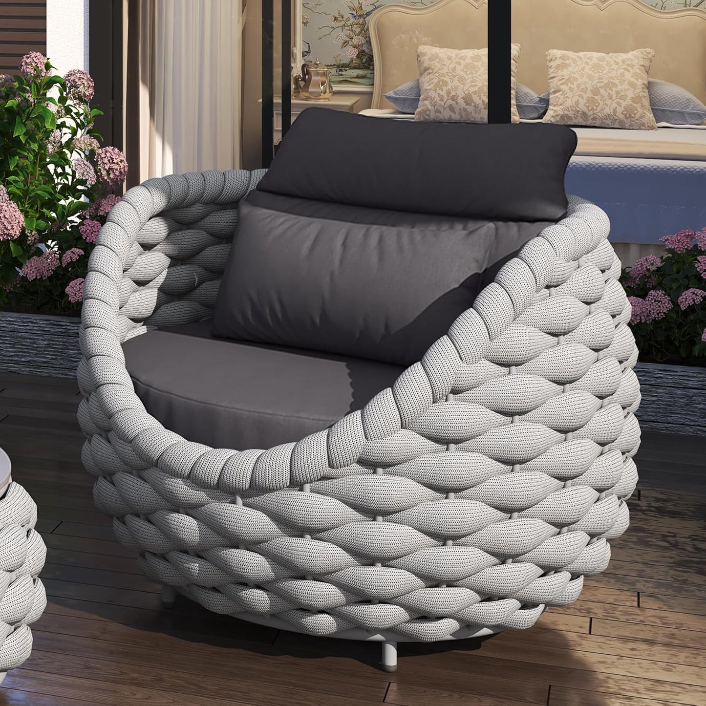 TWT Aluminium Patio Sofa Chair with Armrests Outdoor Chairs Small Patio Couch, All Weather Frame with Grey Thick Cushion for Balcony Porch Yard