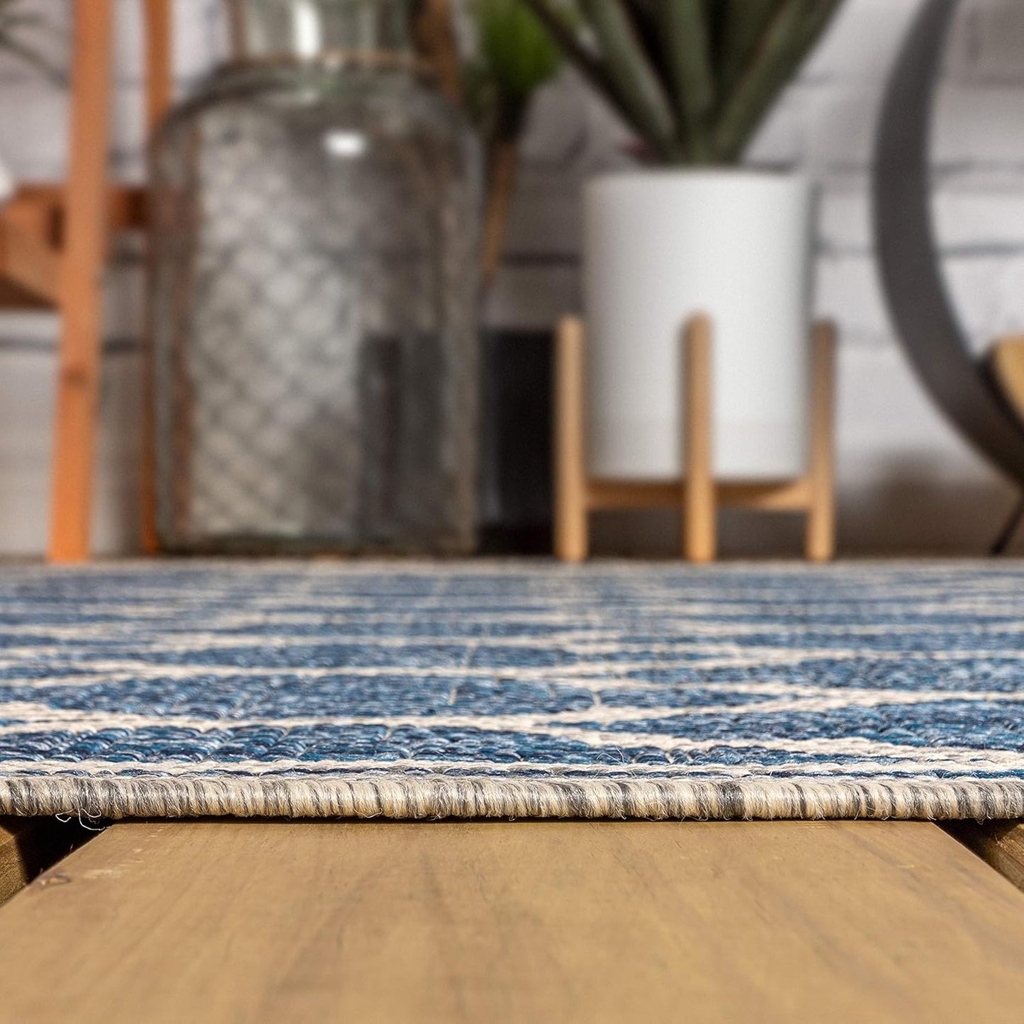 Eyely BMS109D-4SQ Santa Monica Trebol Moroccan Trellis Textured Weave, Pet Friendly, Non-Shedding, Stain Resistant, Easy-Cleaning, Navy/Gray, 4' Square, Indoor/Outdoor, Area Rug