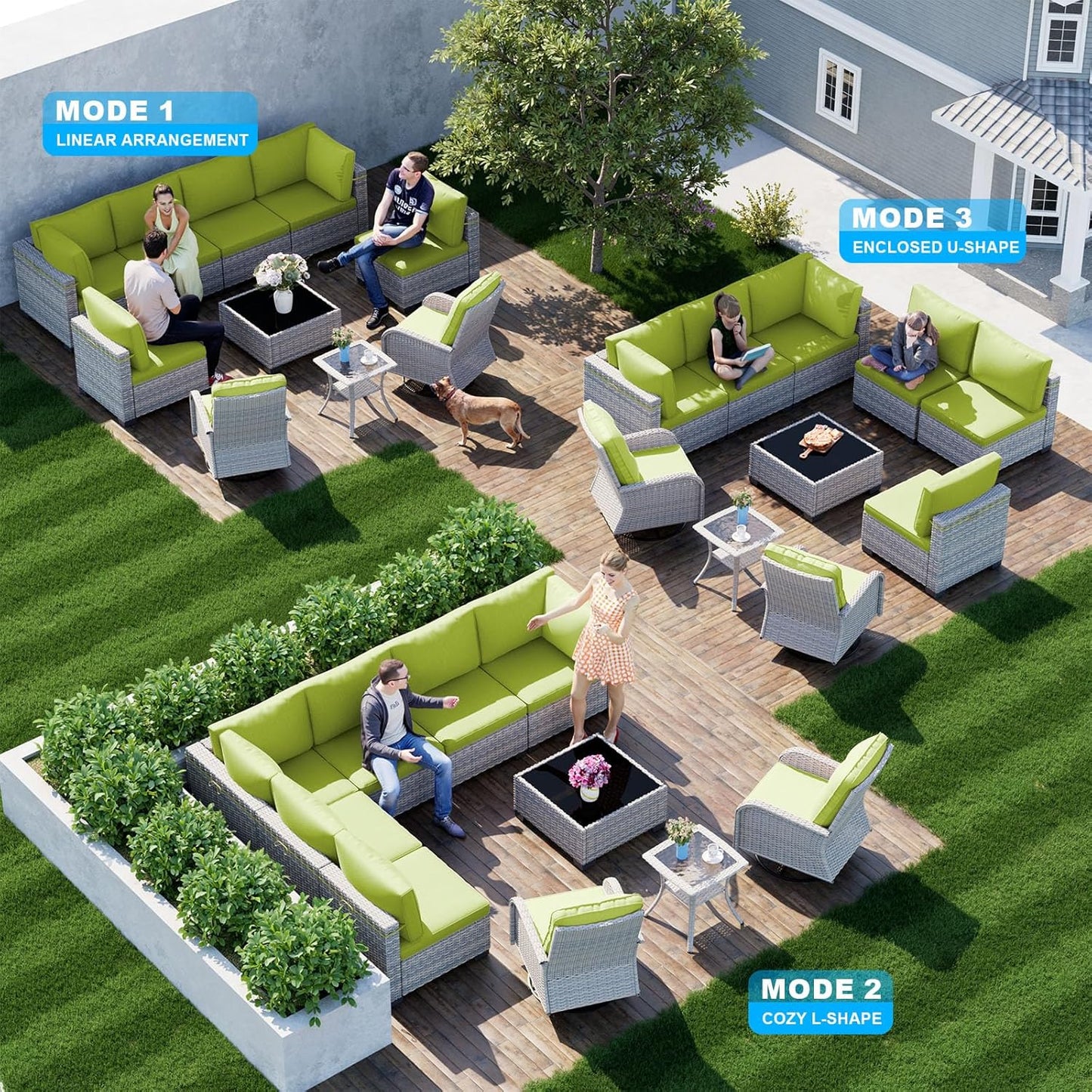 10-Piece Patio Furniture Set, Outdoor Patio Furniture with Swivel Chairs Set, Thick Cushions, Modular Patio Sofa, Dual-Strand Rattan, Rust-Resistant Frame, Grass Green