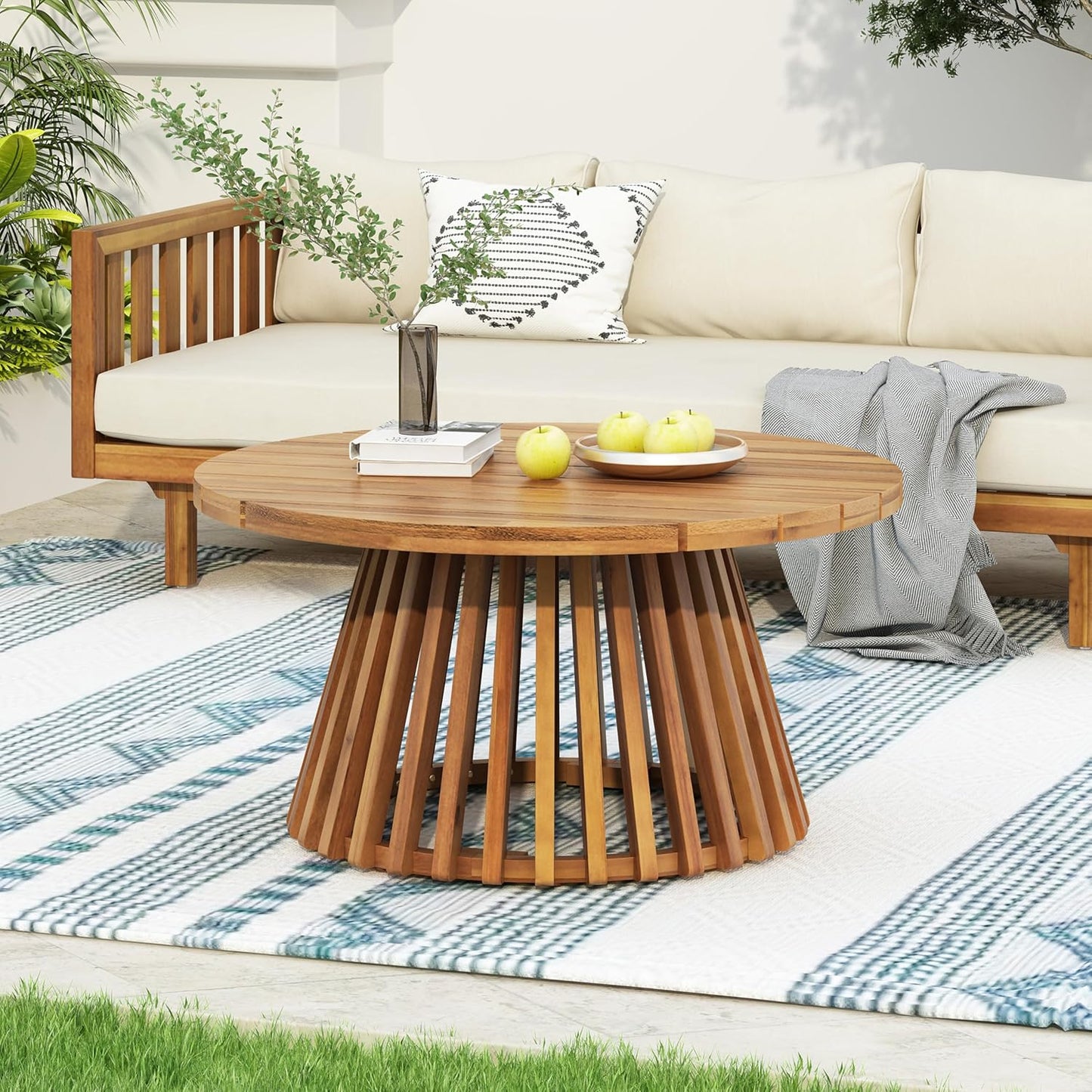 Christopher Knight Home Claremont Patio Sofa and Coffee Table Set, 2 Piece Outdoor Patio Furniture Set with Cushion, Acacia Wood 3 Seater Outdoor Sofa Daybed and Coffee Table Set, Teak+Light Grey