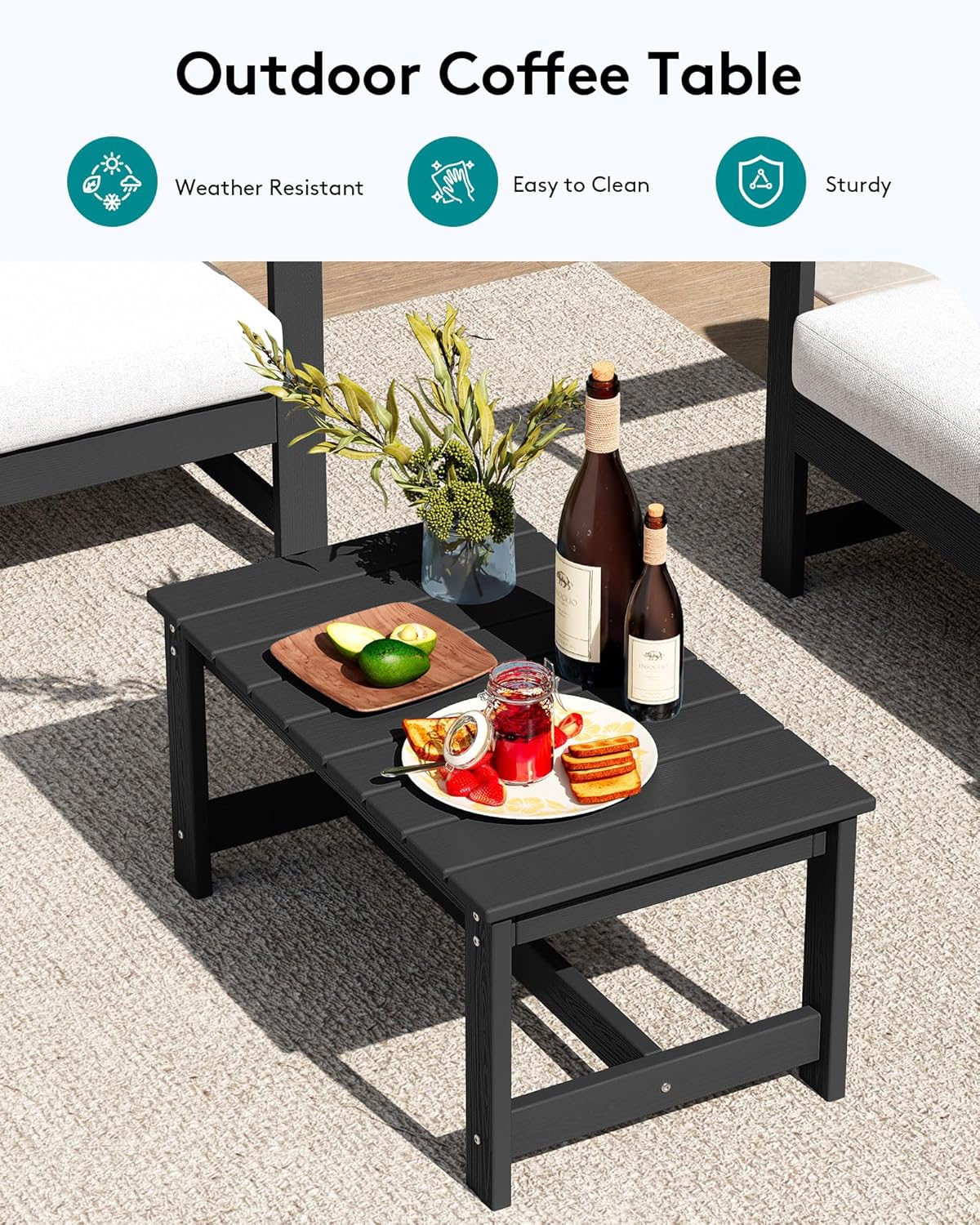 SERWALL 5 Pieces HDPE Outdoor Conversation Sofa Set with Cushions, All Weather Use Patio Couch Loveseat Furniture with Coffee Table, Black Frame with Khaki Cushions