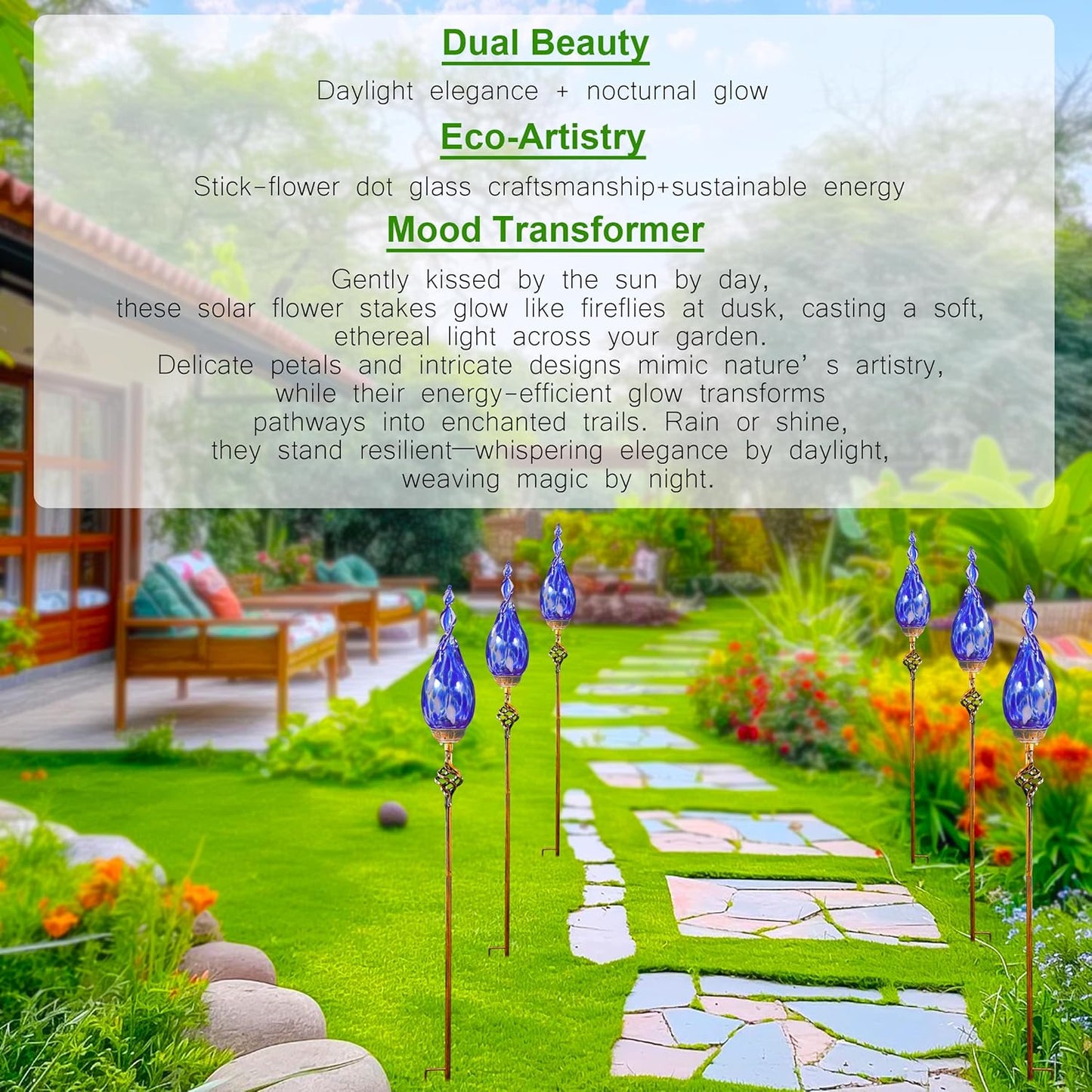 Solar Garden Lights, Decorative LED Flame Garden Stakes, Hand Blown Glass and Outdoor Waterproof Glass Stakes (Dark Blue)