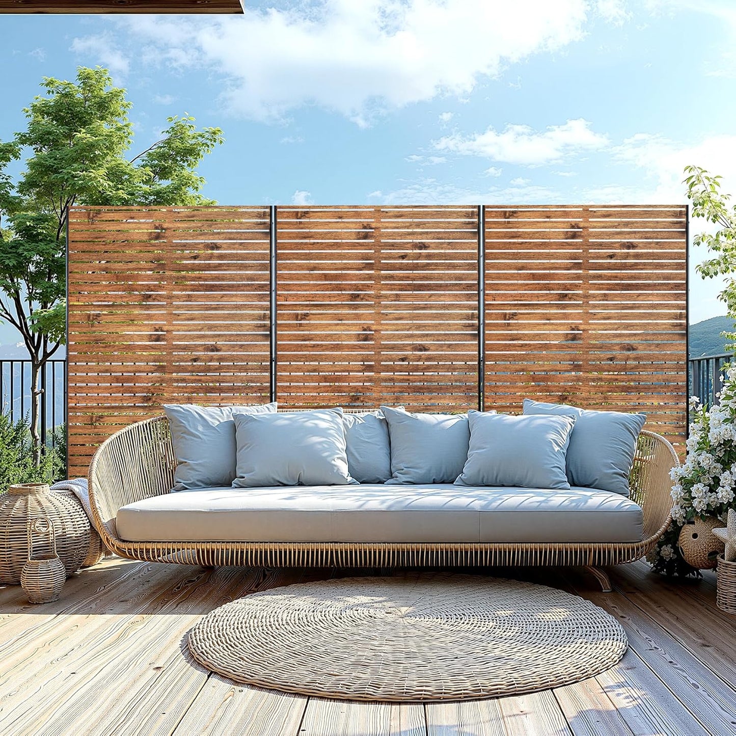 Metal Privacy Screen, 72" H×47" W Outdoor Privacy Screen, Freestanding Decorative Privacy Screen for Deck Balcony Patio, Natural Wood Brown