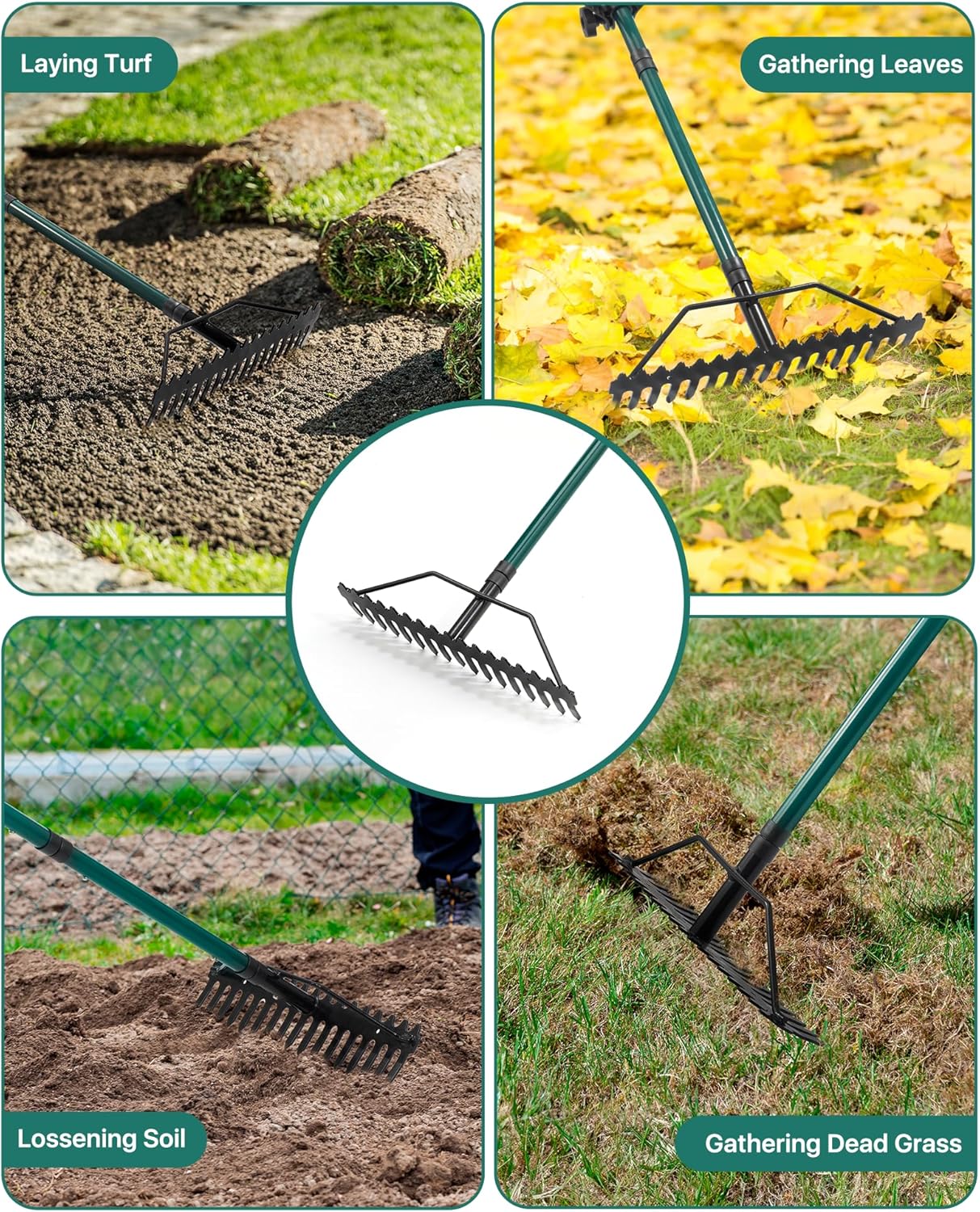Garden Rake, 17'' Thatch Rake Heavy Duty with 63'' Long Back-Saving Adjustable Handle, Heavy Duty Metal Garden Tool for Loosening Leveling Soil, Gathering Leaves Grass, Weeding