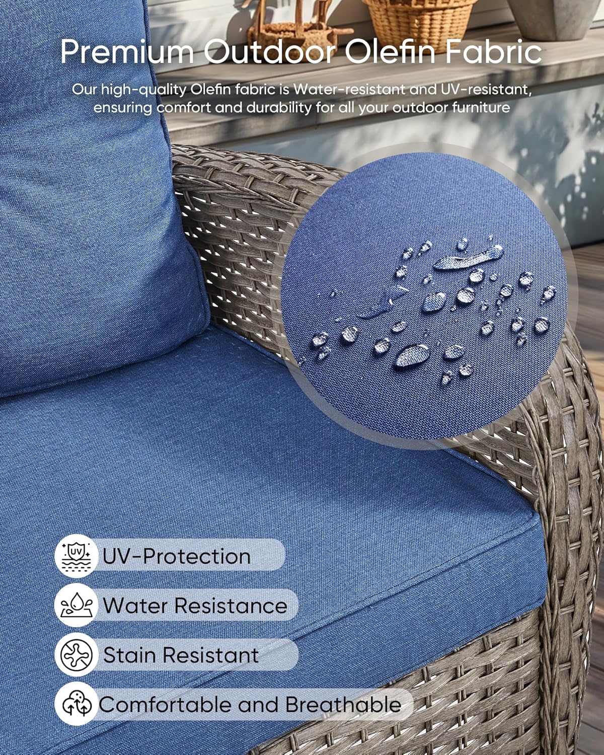 HUMMUH 2-Person Outdoor Glider Bench-All-Weather Wicker Patio Double Swing Rocking Chair Patio Loveseat for Deck Lawn Porch Balcony Poolside-Grey/Blue