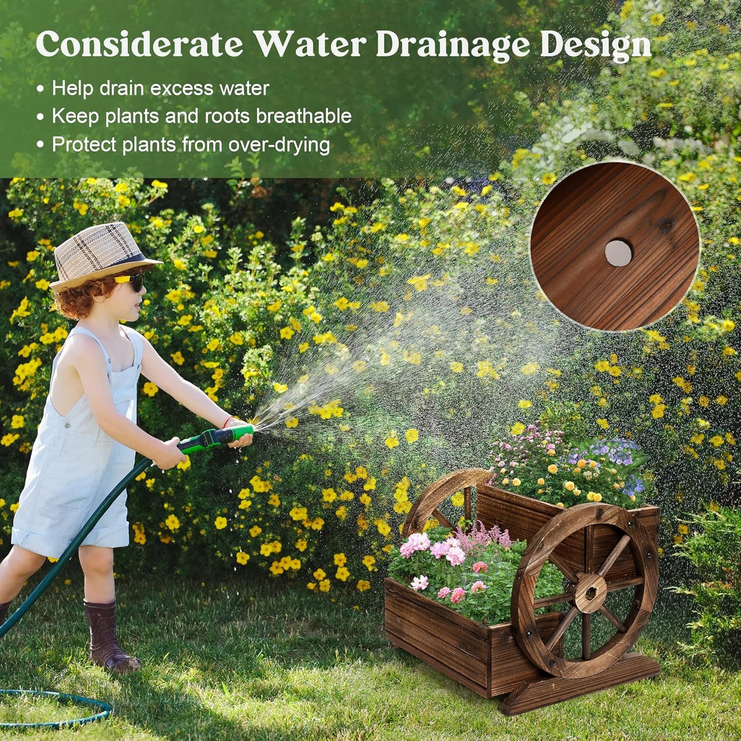 Wooden Wagon Planter Box, Garden Planter with Wheels,Decorative Planter for Flowers Herbs Vegetables for Indoor & Outdoor Décor, Flower Cart for Patio Garden Balcony