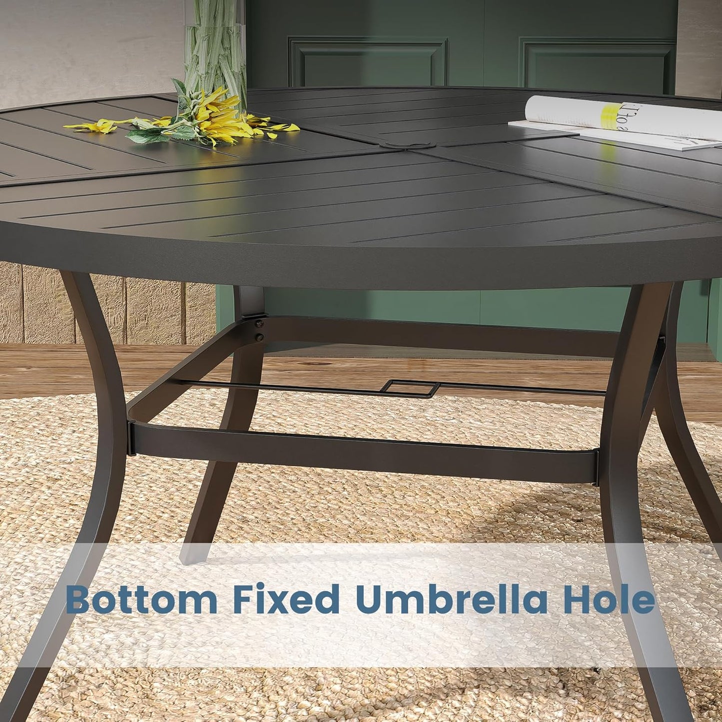 DIFY 53.1" Round Outdoor Patio Dining Table for 6-8, All-Weather Metal Steel Slatted Patio Table with 1.57" Adjustable Umbrella Hole, for Lawn Garden Porch Backyard, Black