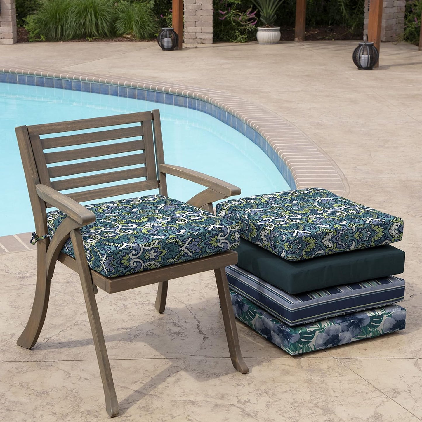 Arden Seat Cushion, 21 x 21, Rain-Proof, Fade Resistant, Cushion for Patio Dining, Adirondack, and Outdoor Chairs Sapphire Aurora Blue Damask
