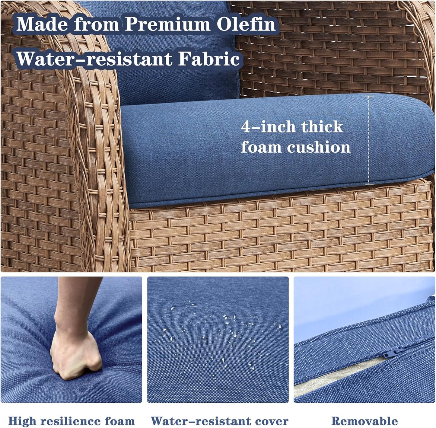 Wicker Outdoor Furniture Patio Furniture Set - 6 Piece Patio Conversation Set with Swivel Rocker Chairs, Loveseat Sofa, Ottomans and Coffee Table, Blue Cushion