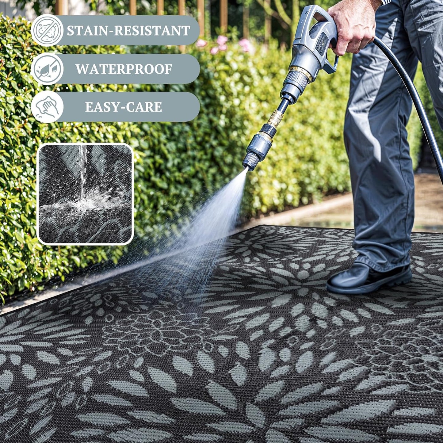 8'x10' Reversible Outdoor Rug - Eco-Friendly Plastic Straw Rug-Heavy-Duty Waterproof Mat, UV & Fade Resistant for Patio, Camping, RV, Deck, Balcony(8x10,Black&Floral)