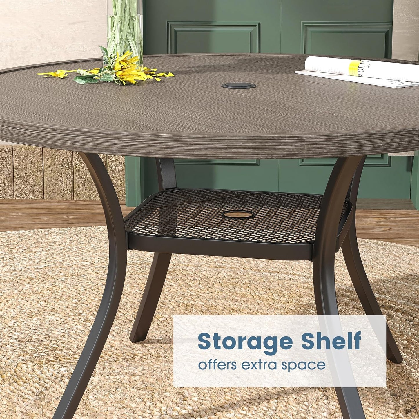 DIFY 48" Round Patio Dining Table for 6, Outdoor Metal Dining Table with 1.57" Umbrella Hole for Backyard Lawn Garden, Grey Wood-Like