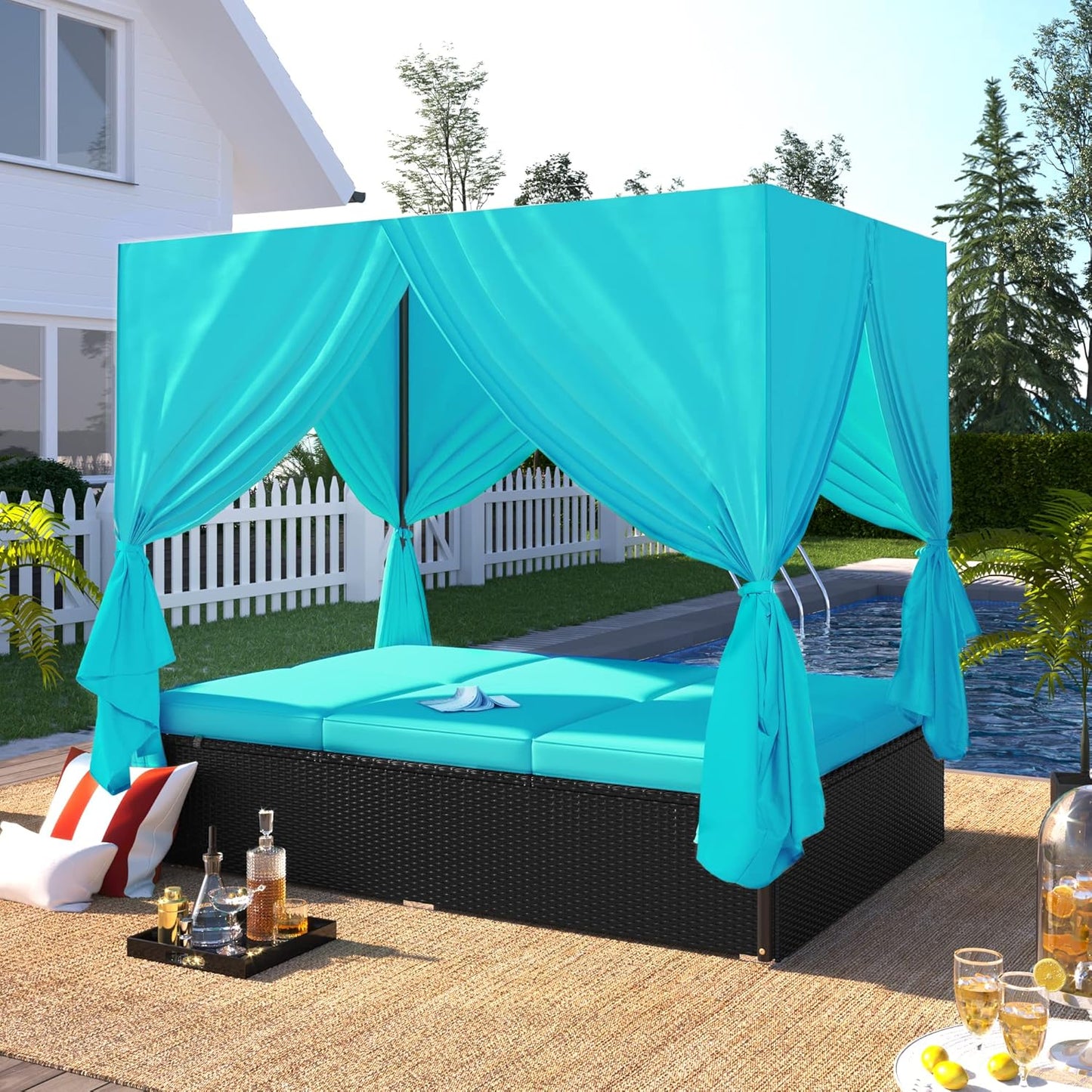 Patio Chaise Lounge, PE Rattan Outdoor Patio Wicker Sunbed Daybed with Adjustable Seats, Four-sided Canopy, Overhead Curtain and Blue Cushions for Backyard, Garden, Poolside (for 2-6 people)